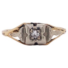Vintage 1935 Two-Tone Engagement Ring Old Mine Cut Diamond .04 Carat in 10k Gold