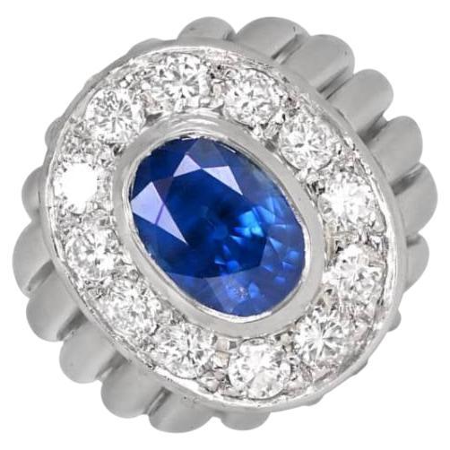 Vintage 1.93ct Oval Cut Natural Sapphire Dome Ring, Platinum For Sale