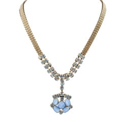Vintage 1940/50s Blue Glass Stone Silver Mesh Necklace