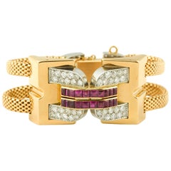 Vintage 1940 Boucheron Diamonds Ruby 18 Karat and Platinum Secret Wristwatch