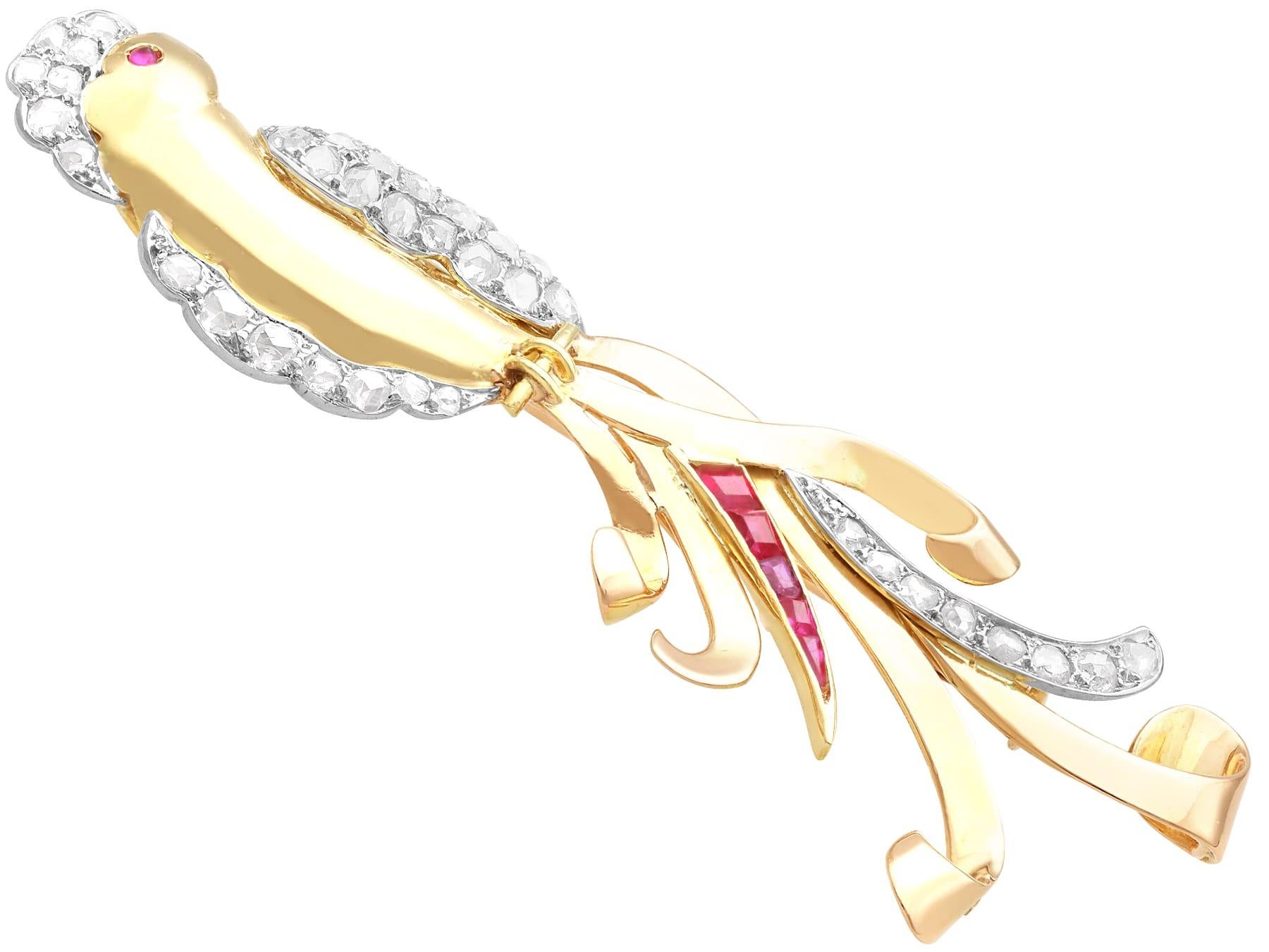 Rose Cut Vintage 1940s 1.16 Carat Diamond and Ruby 18k Yellow Gold Bird Brooch For Sale