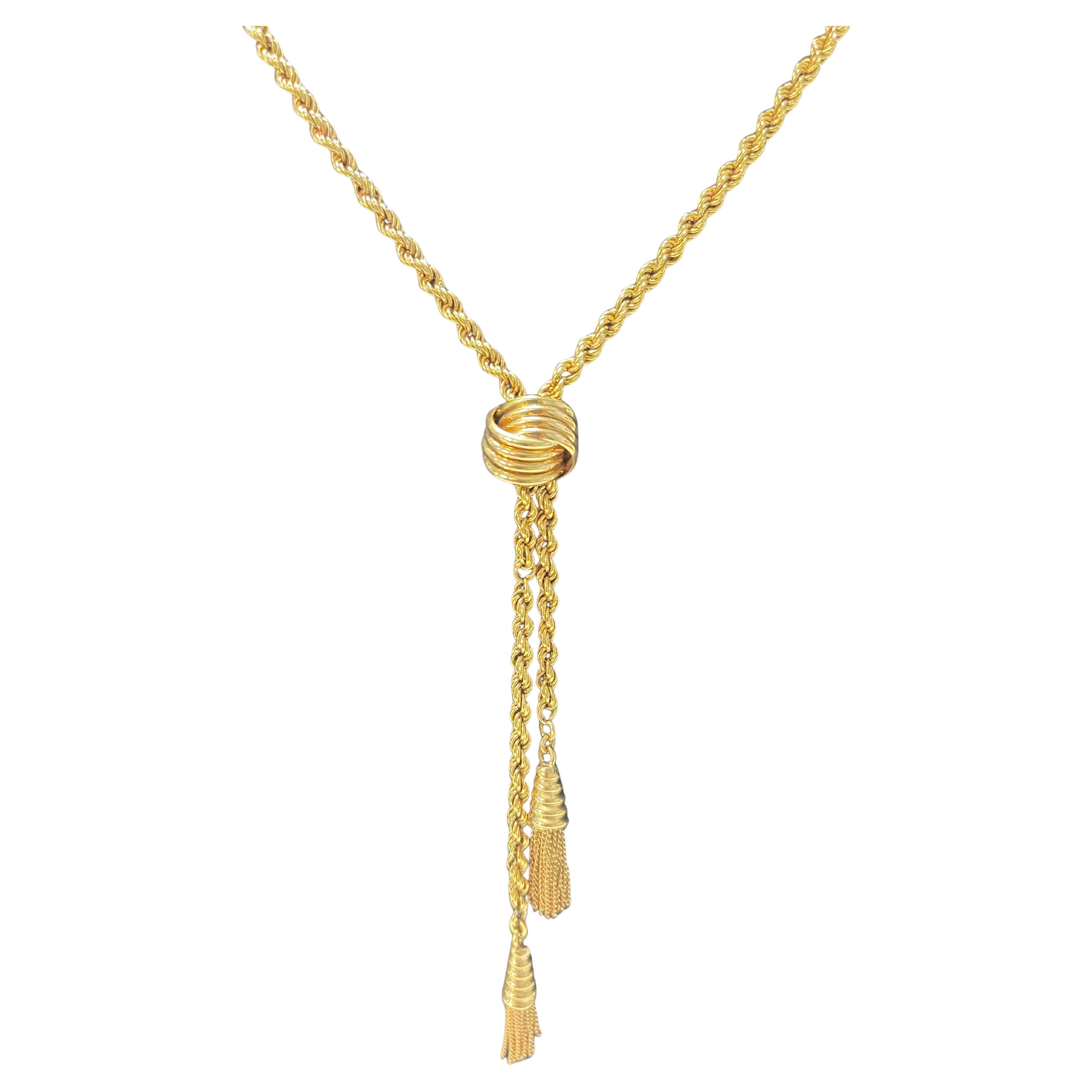 Vintage 1940s 14 Karat Yellow Gold Rope Tassel Necklace.