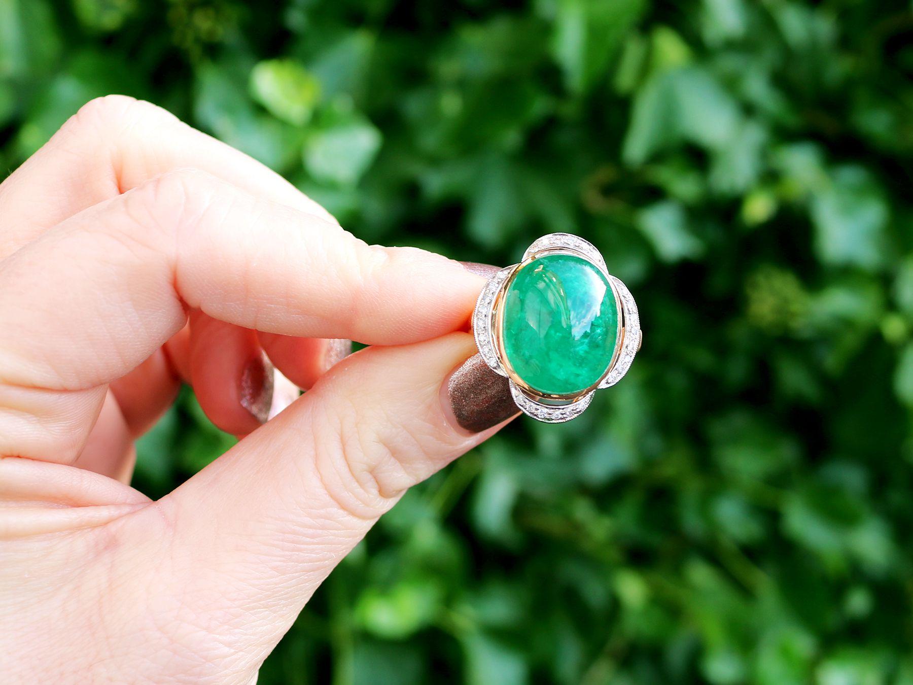 A stunning and impressive 14.5 carat emerald cabochon and 0.28 carat diamond, 18 karat yellow gold and white gold set cocktail ring; part of our vintage jewelry collections.

This stunning, fine and impressive cabochon cut emerald ring has been