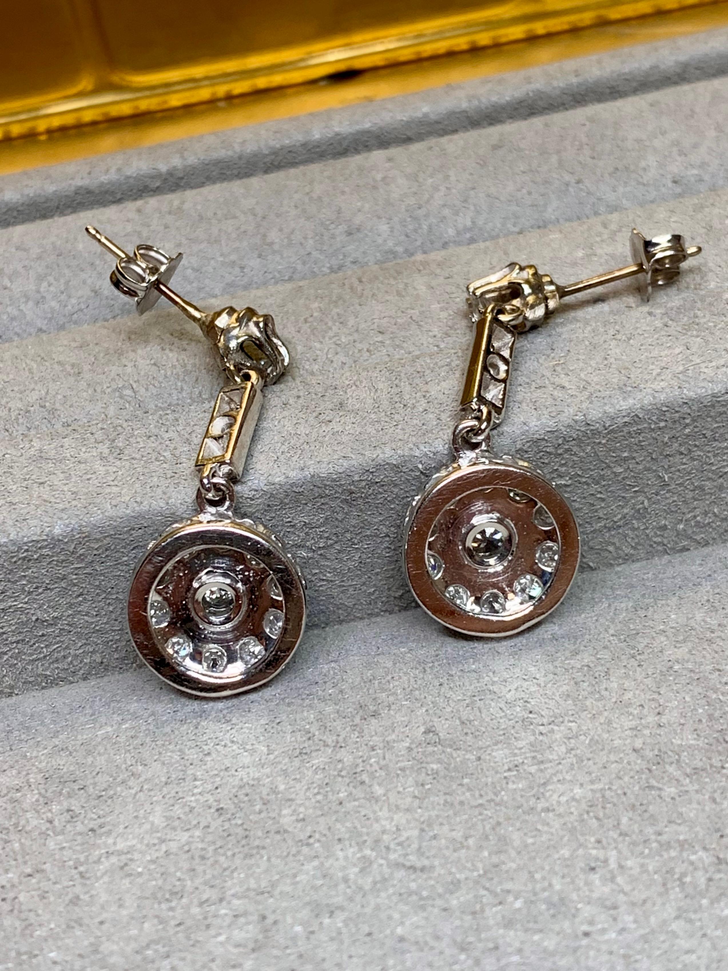 Round Cut Vintage 1940’s 14K White Gold Round Diamond Drop Dangle Earrings 1.30ctw
