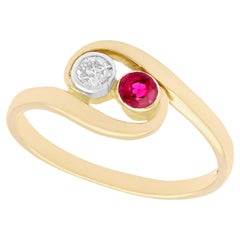 Vintage 1940s 14k Yellow Gold Ruby and Diamond Twist Ring, 0.24ct