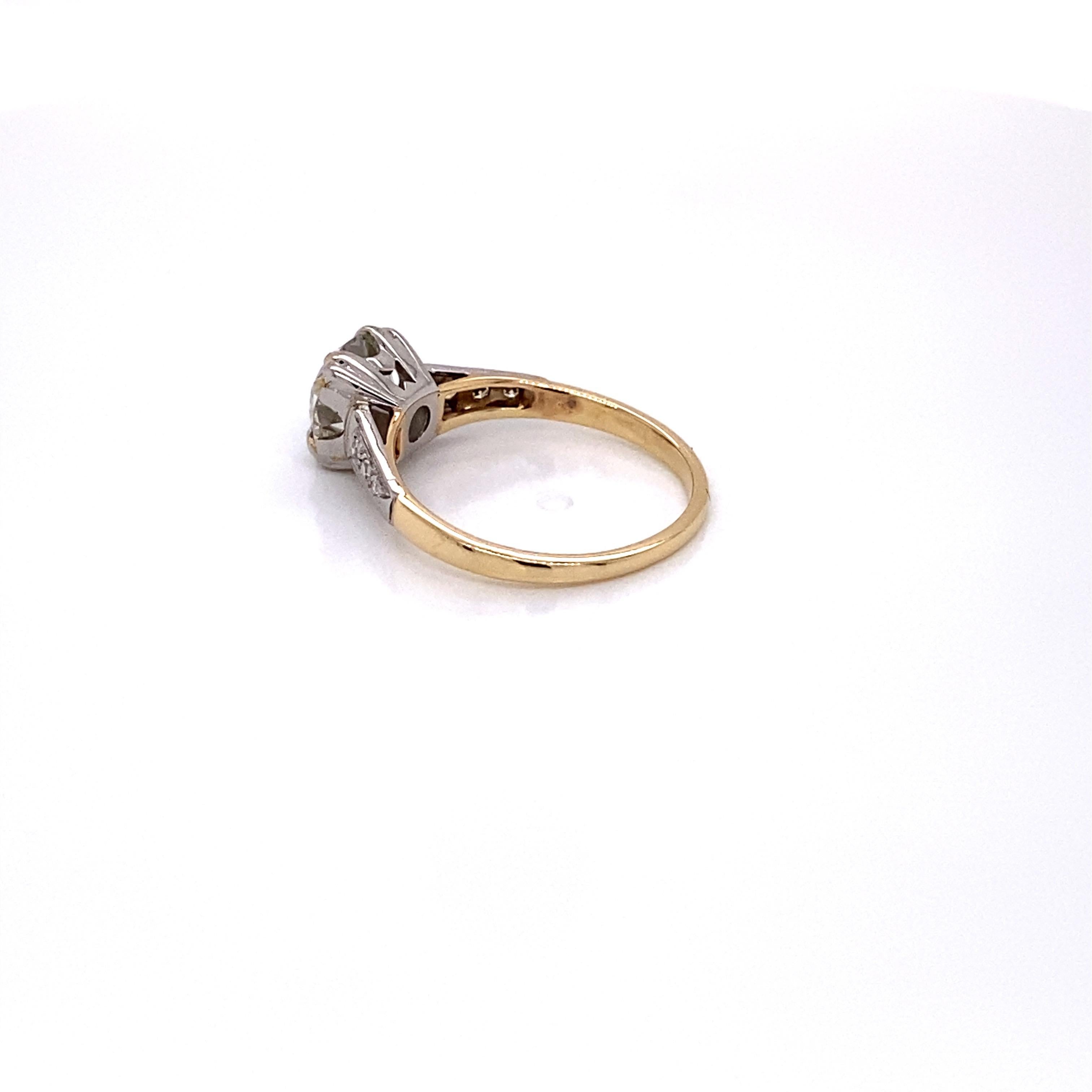 Old European Cut 1940s 14 Karat Yellow Gold and Platinum 1.56 Carat European Cut Diamond Ring For Sale