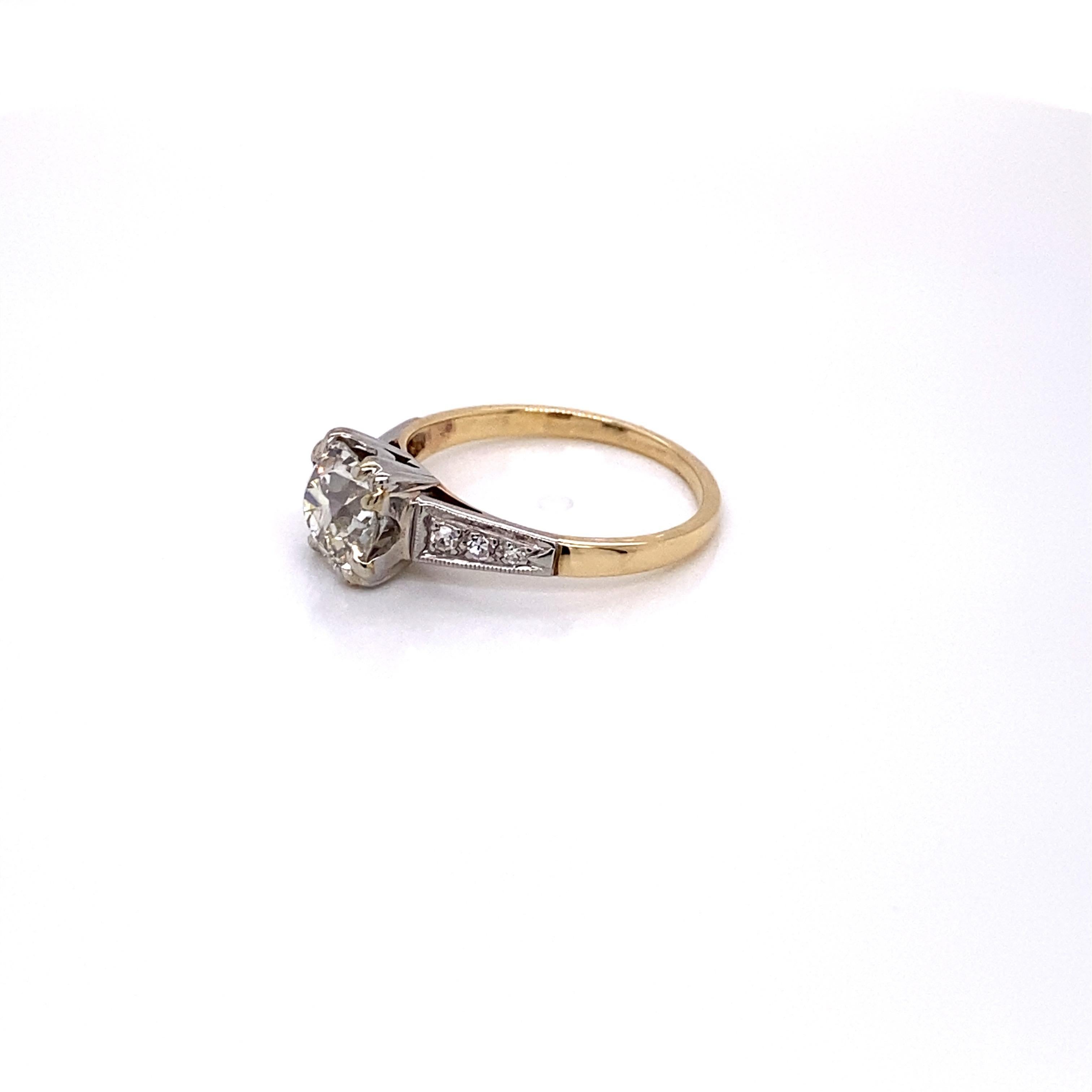 1940s 14 Karat Yellow Gold and Platinum 1.56 Carat European Cut Diamond Ring In Good Condition For Sale In Boston, MA