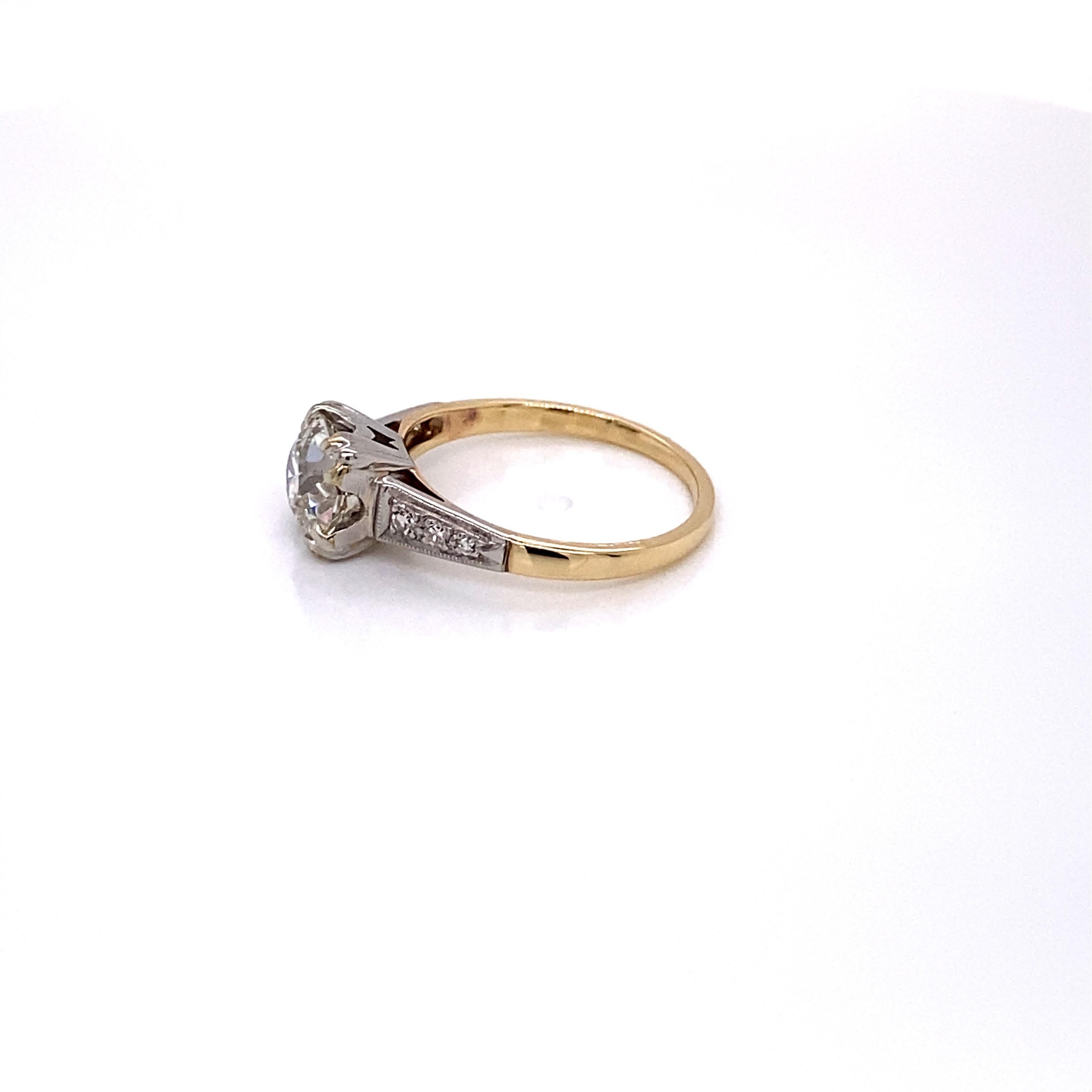 Women's 1940s 14 Karat Yellow Gold and Platinum 1.56 Carat European Cut Diamond Ring For Sale