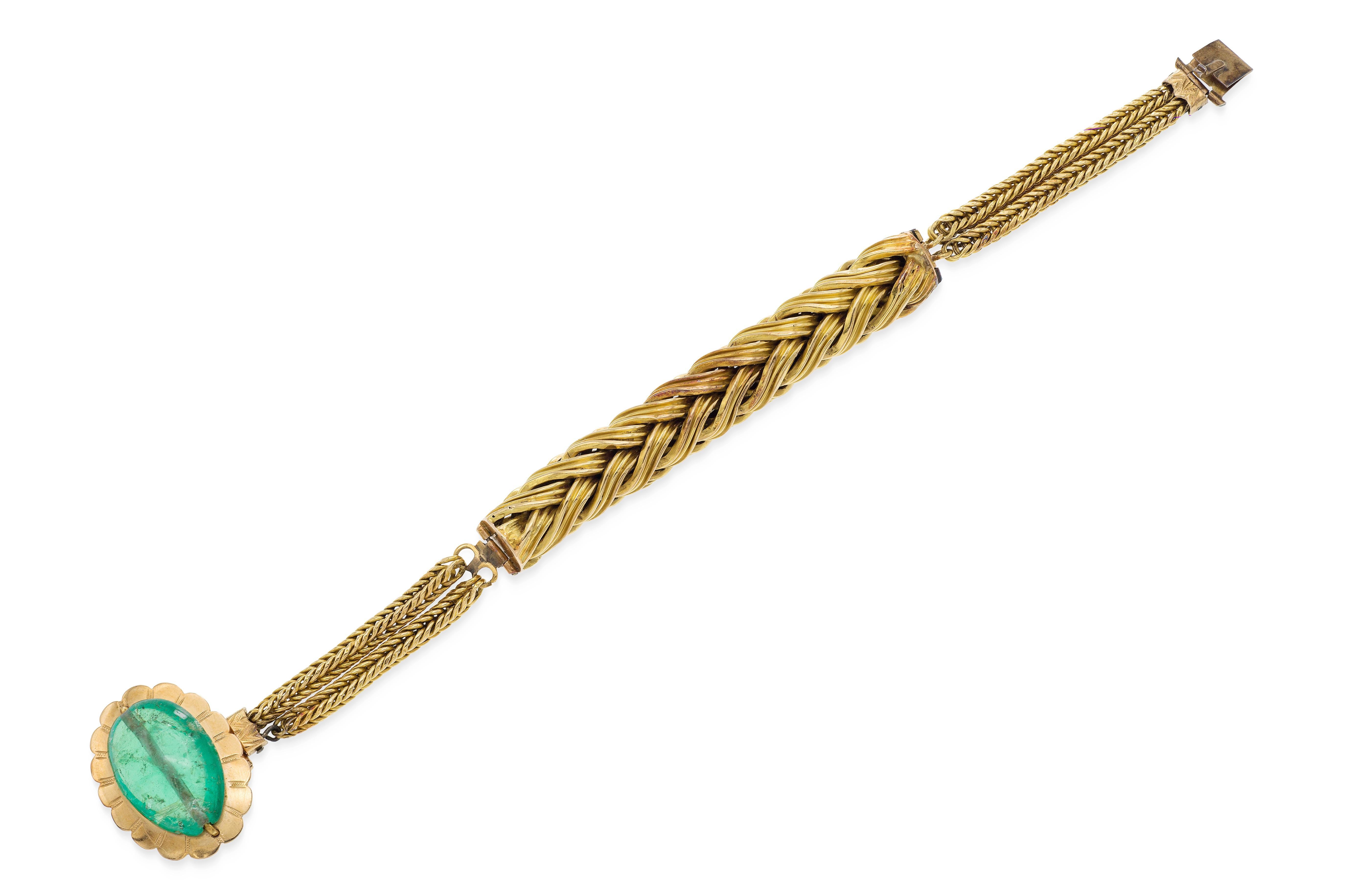 Vintage 1940er Jahre 15,00 Karat Cabochon Smaragd und geflochtene Gold-Armband (Retro) im Angebot