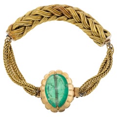 Vintage 1940er Jahre 15,00 Karat Cabochon Smaragd und geflochtene Gold-Armband