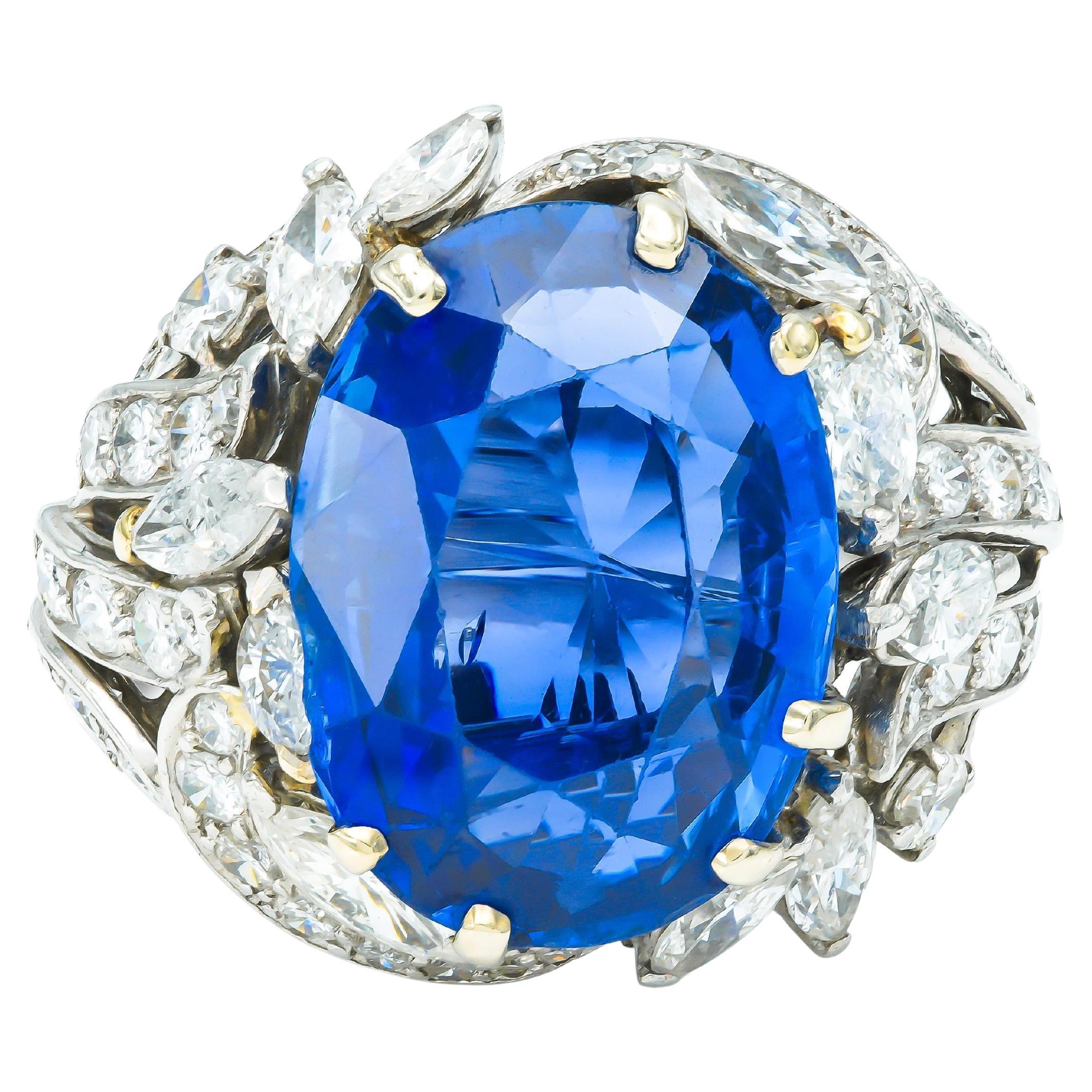 Vintage 1940s 15.13 Carat Oval Cut Ceylon Sapphire Ring with Diamonds