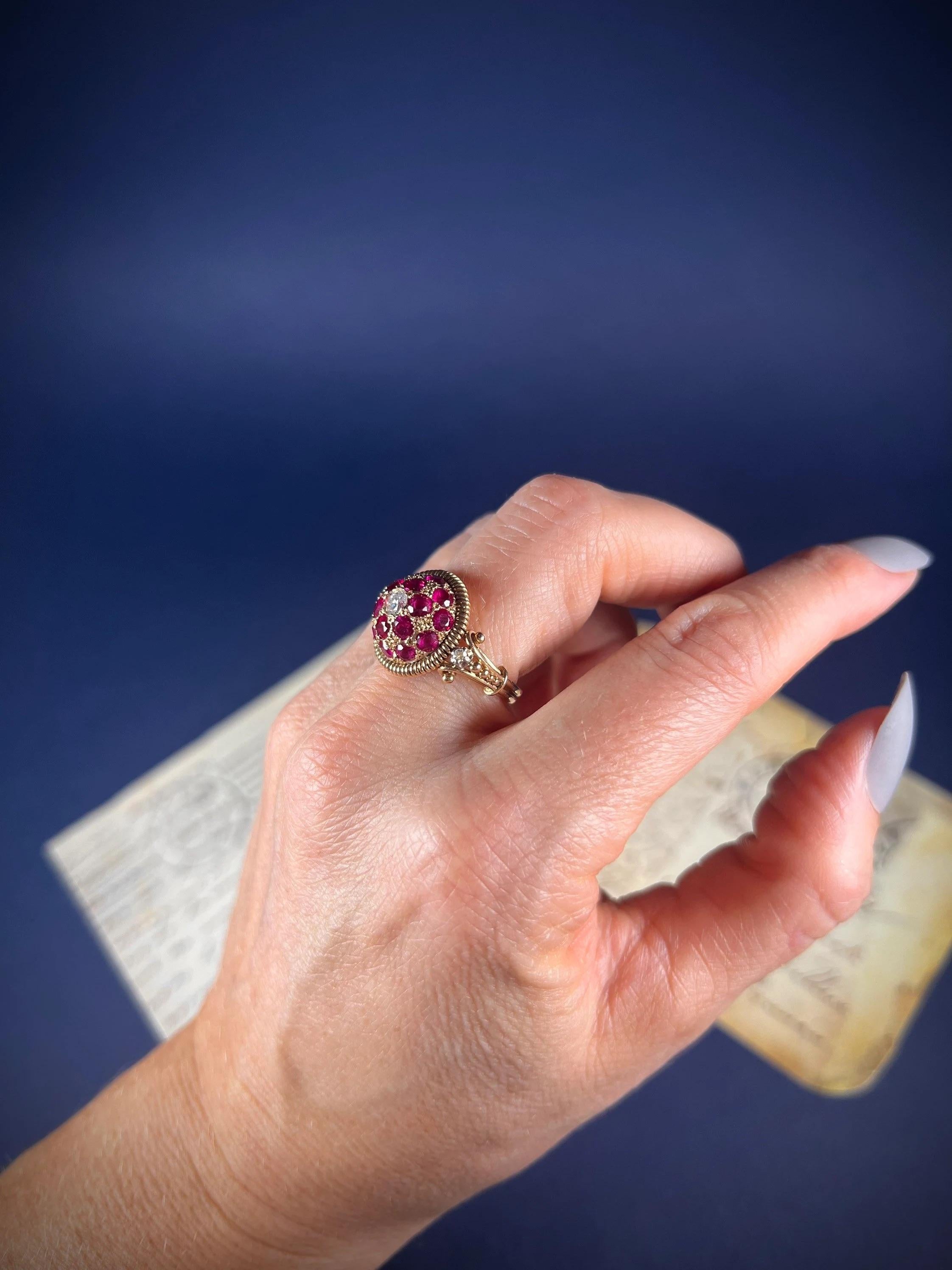 Vintage 1940’s 18ct Gold Ruby & Diamond Bombe Ring For Sale 5
