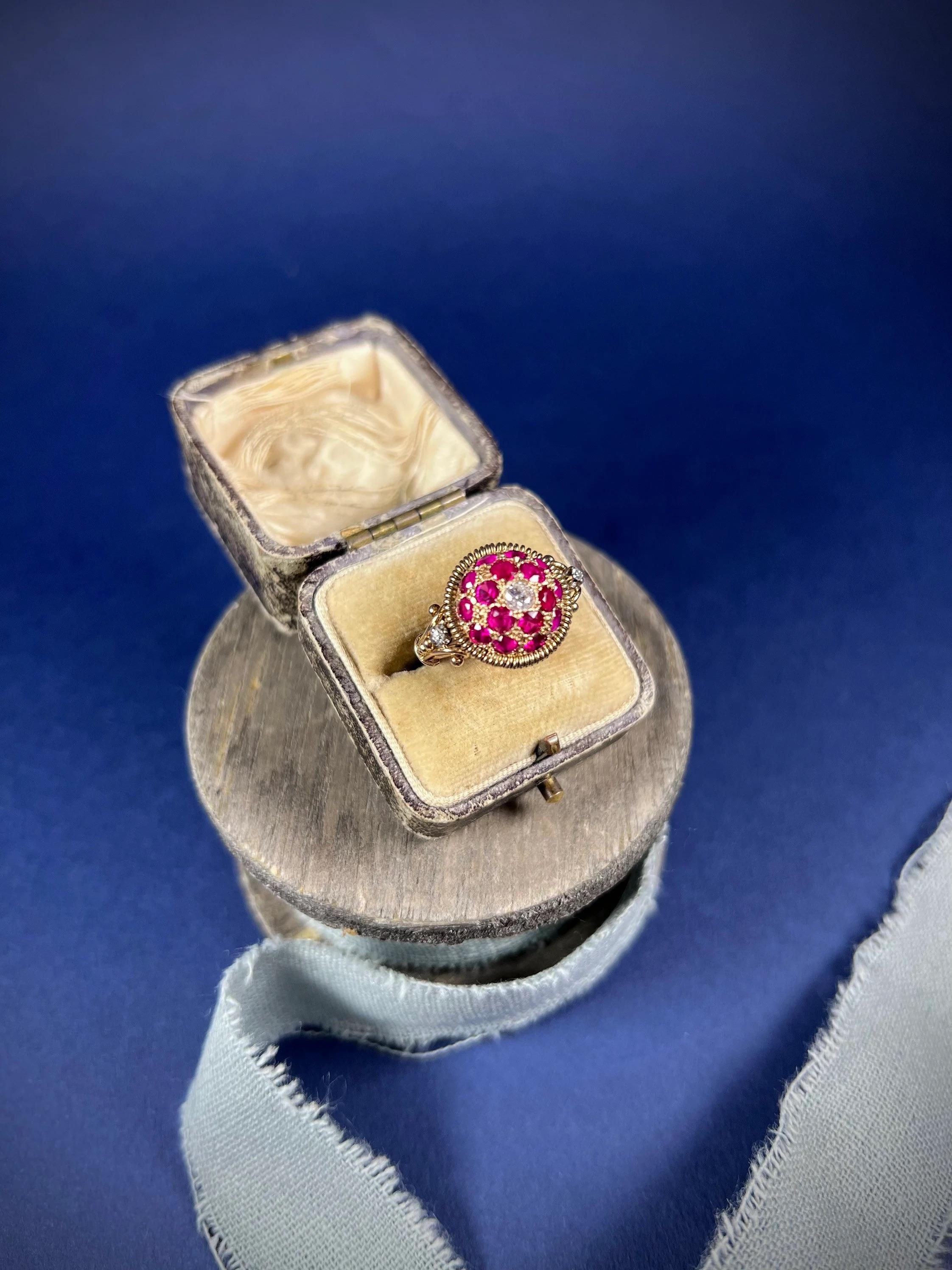 Vintage 1940’s 18ct Gold Ruby & Diamond Bombe Ring For Sale 6