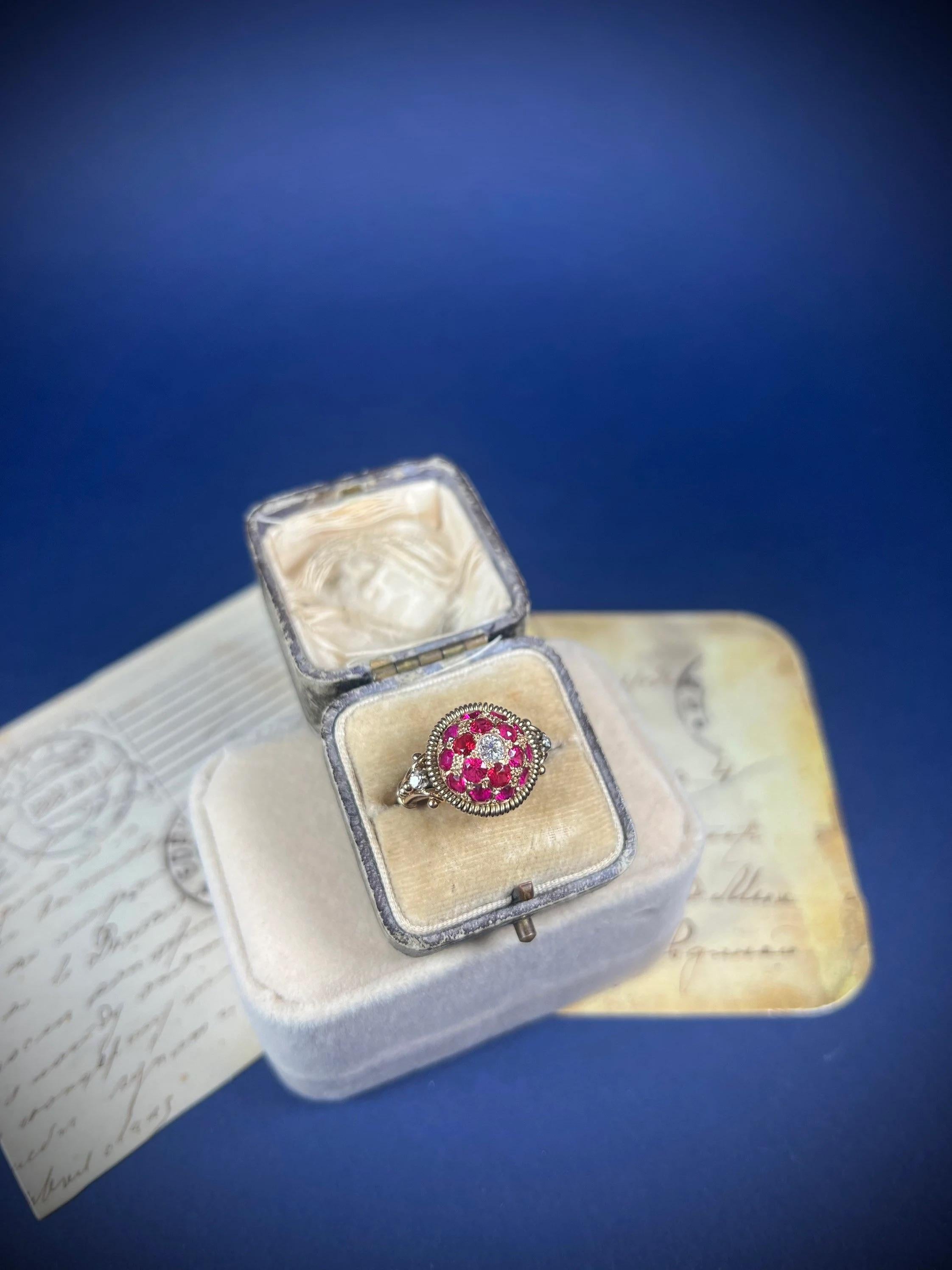 Vintage Bombe Ring 

18ct Gold Stamped

Circa 1940’s

Fabulous, vintage Bombe shaped ring. Set with natural rubies & brilliant cut diamonds. Mounted on a yellow gold, split band. 
The ring is in excellent condition & the detailing is just gorgeous!