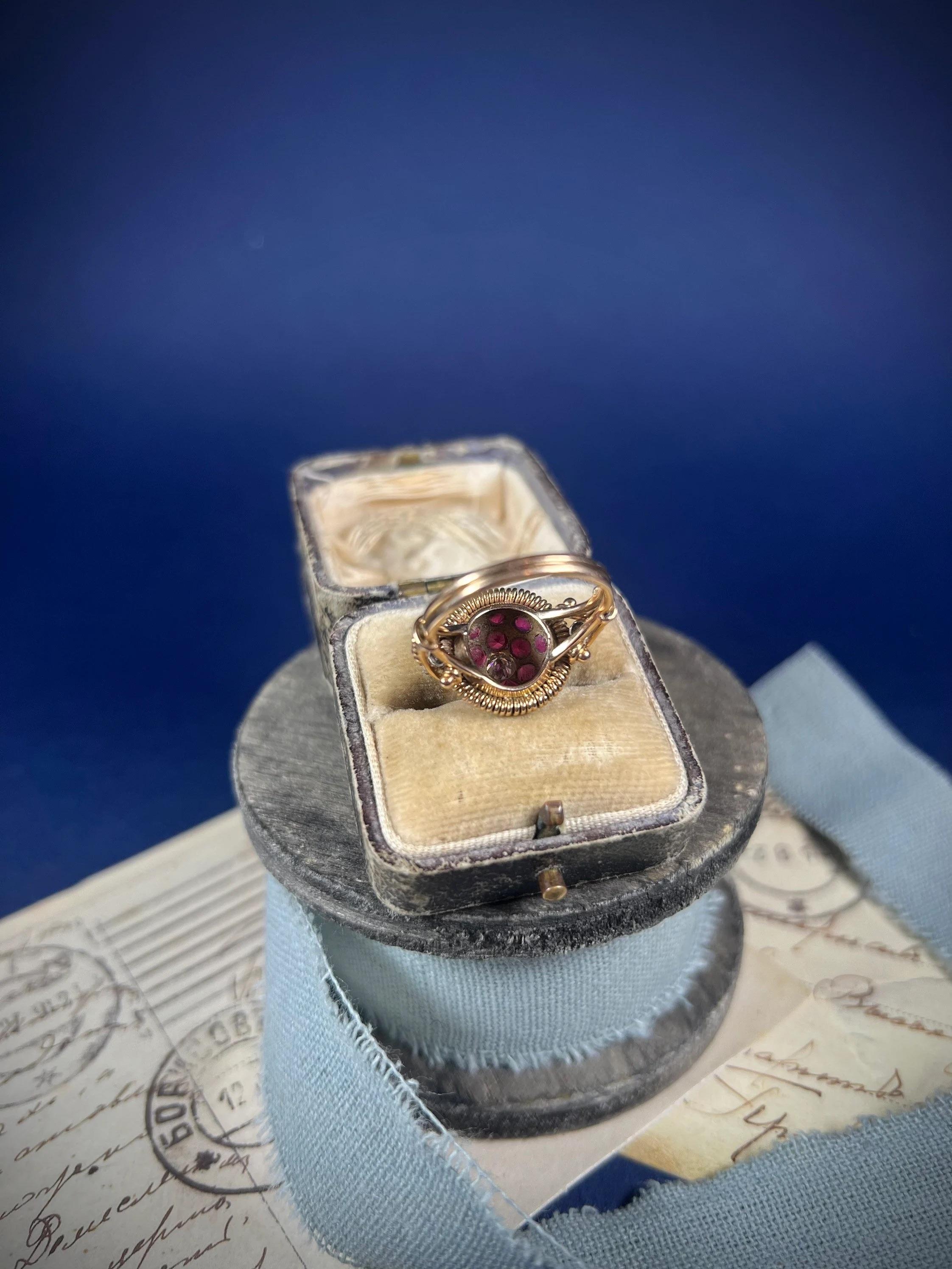Vintage 1940’s 18ct Gold Ruby & Diamond Bombe Ring For Sale 2
