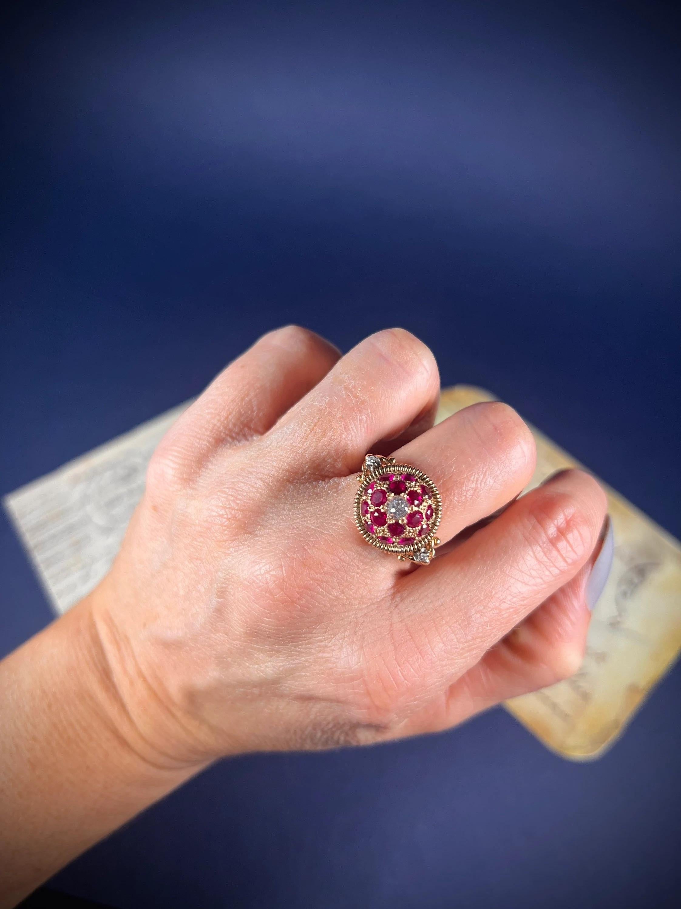 Vintage 1940’s 18ct Gold Ruby & Diamond Bombe Ring For Sale 3