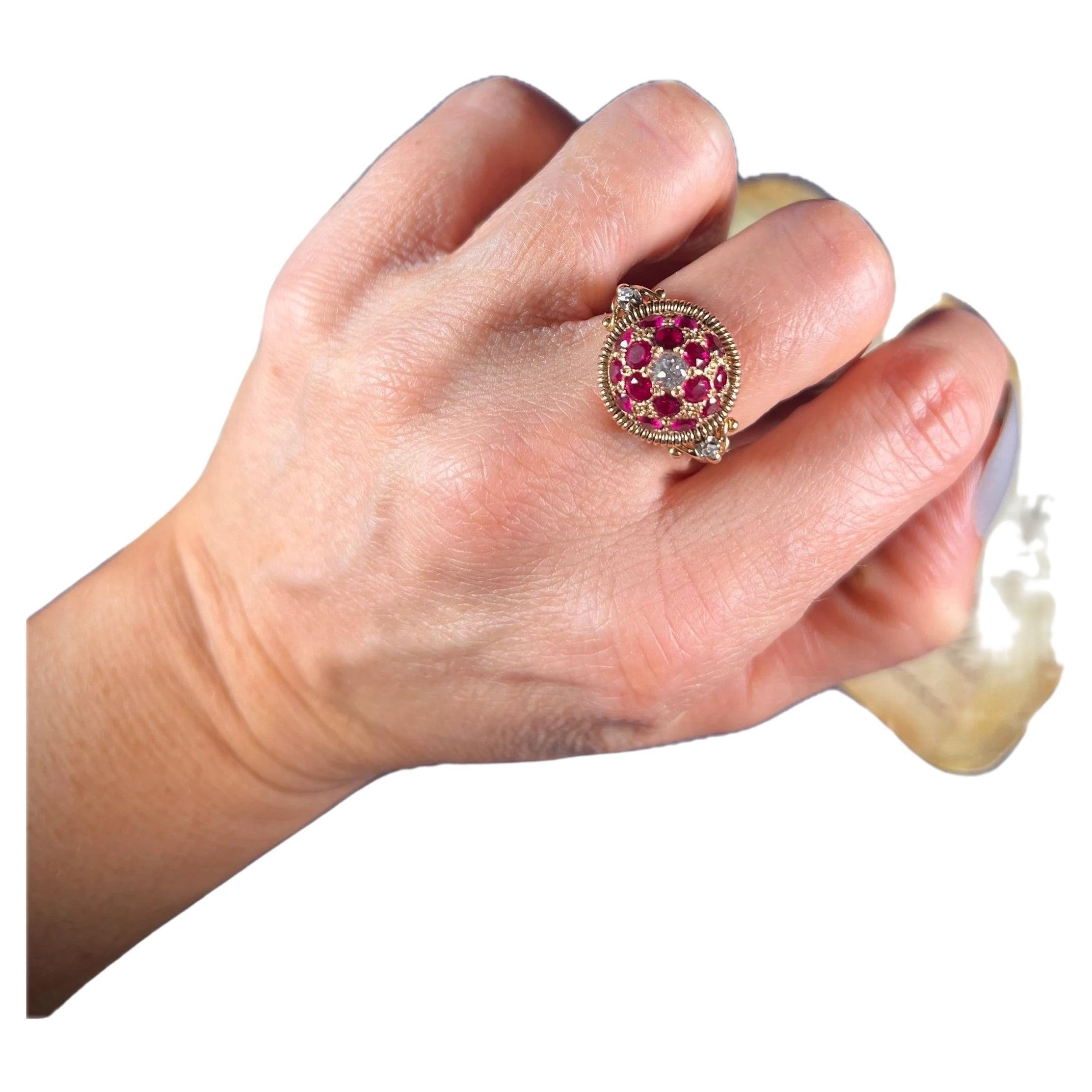 Vintage 1940’s 18ct Gold Ruby & Diamond Bombe Ring For Sale