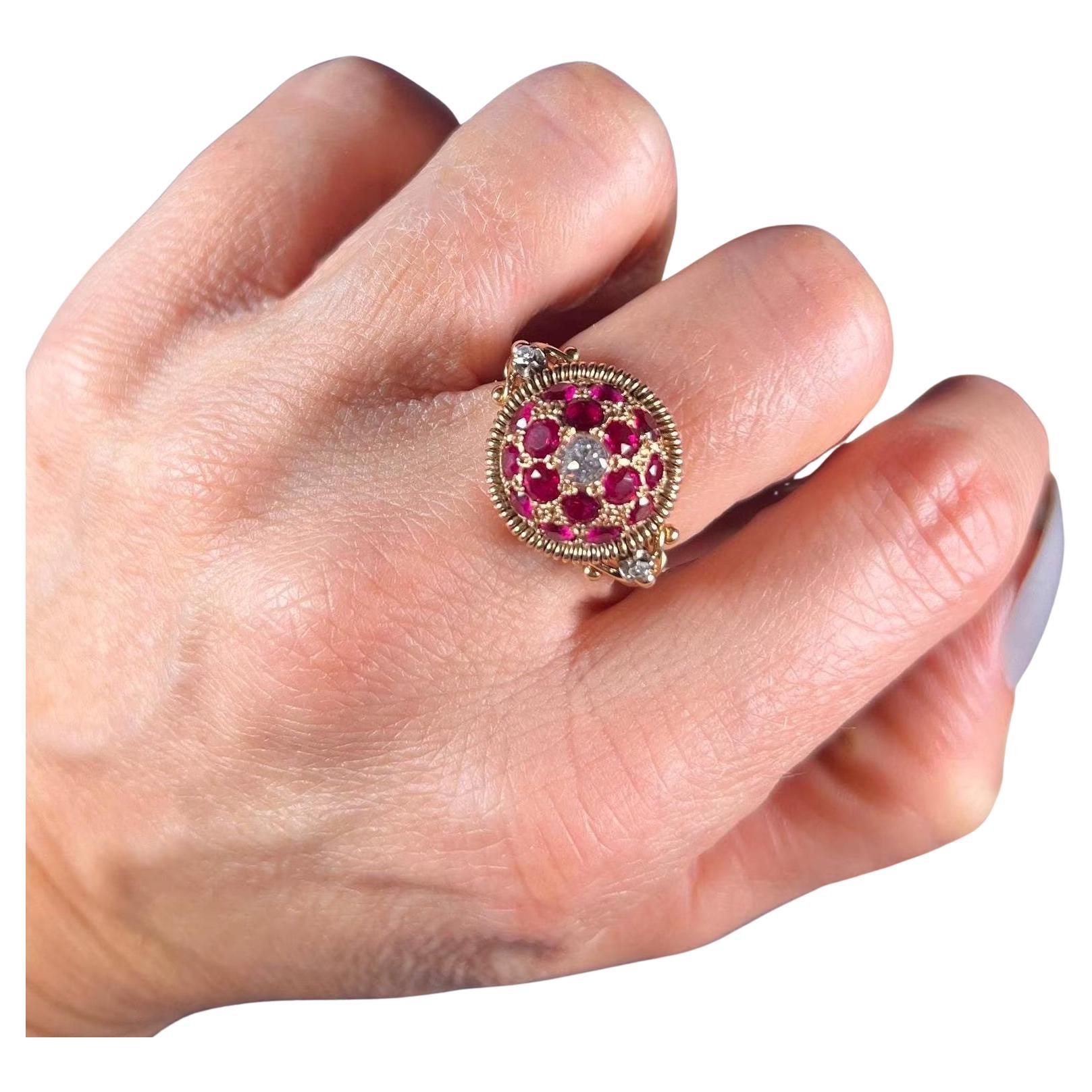 Vintage 1940’s 18ct Gold Ruby & Diamond Bombe Ring