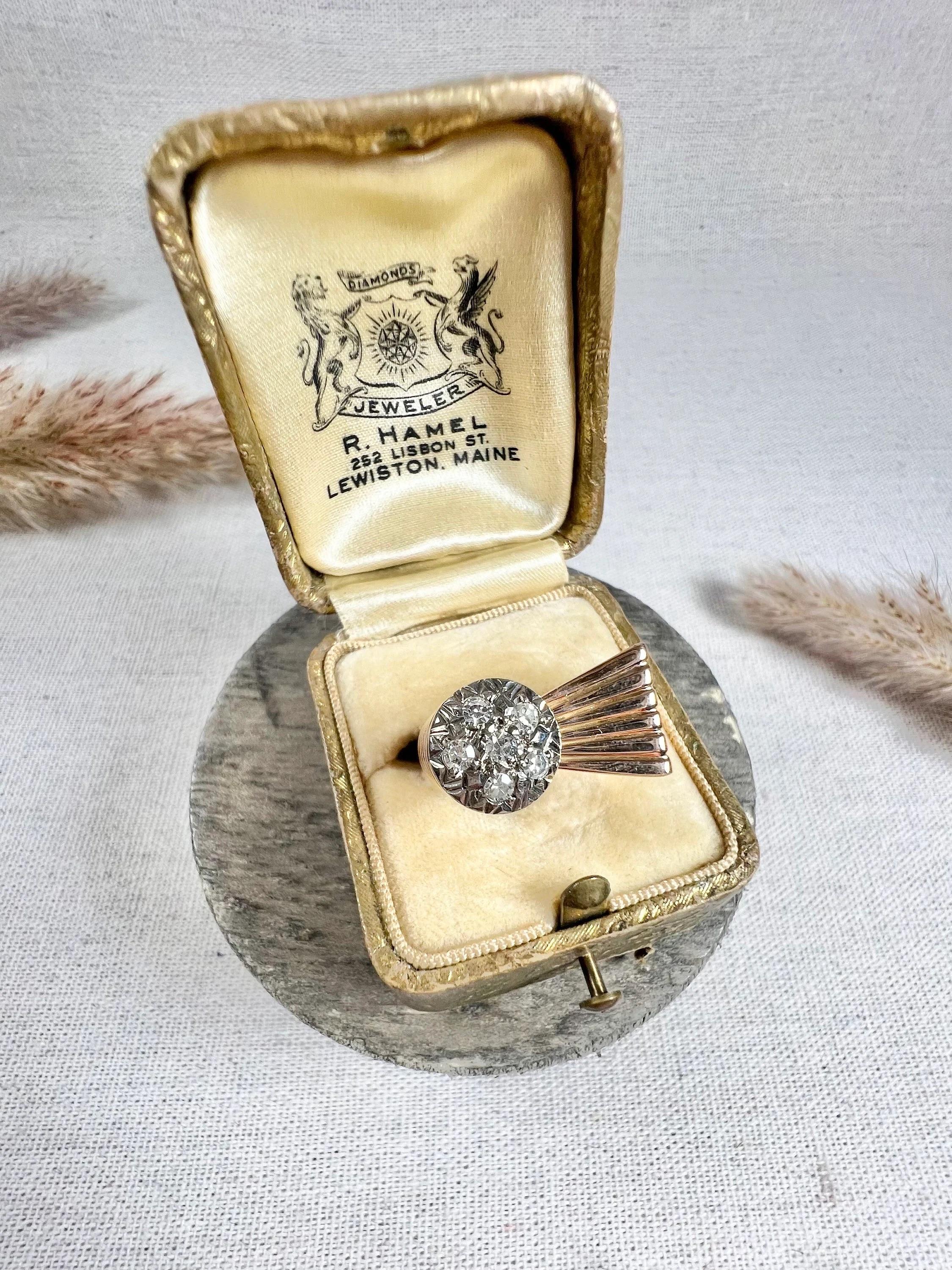 Vintage Diamond Cocktail Ring 

18ct Rose Gold Stamped

Circa 1940s

This beautiful 18ct rose gold cocktail ring features a fabulous design that is sure to catch the eye. The ring boasts a diamond set bombe on one side, which adds a touch of