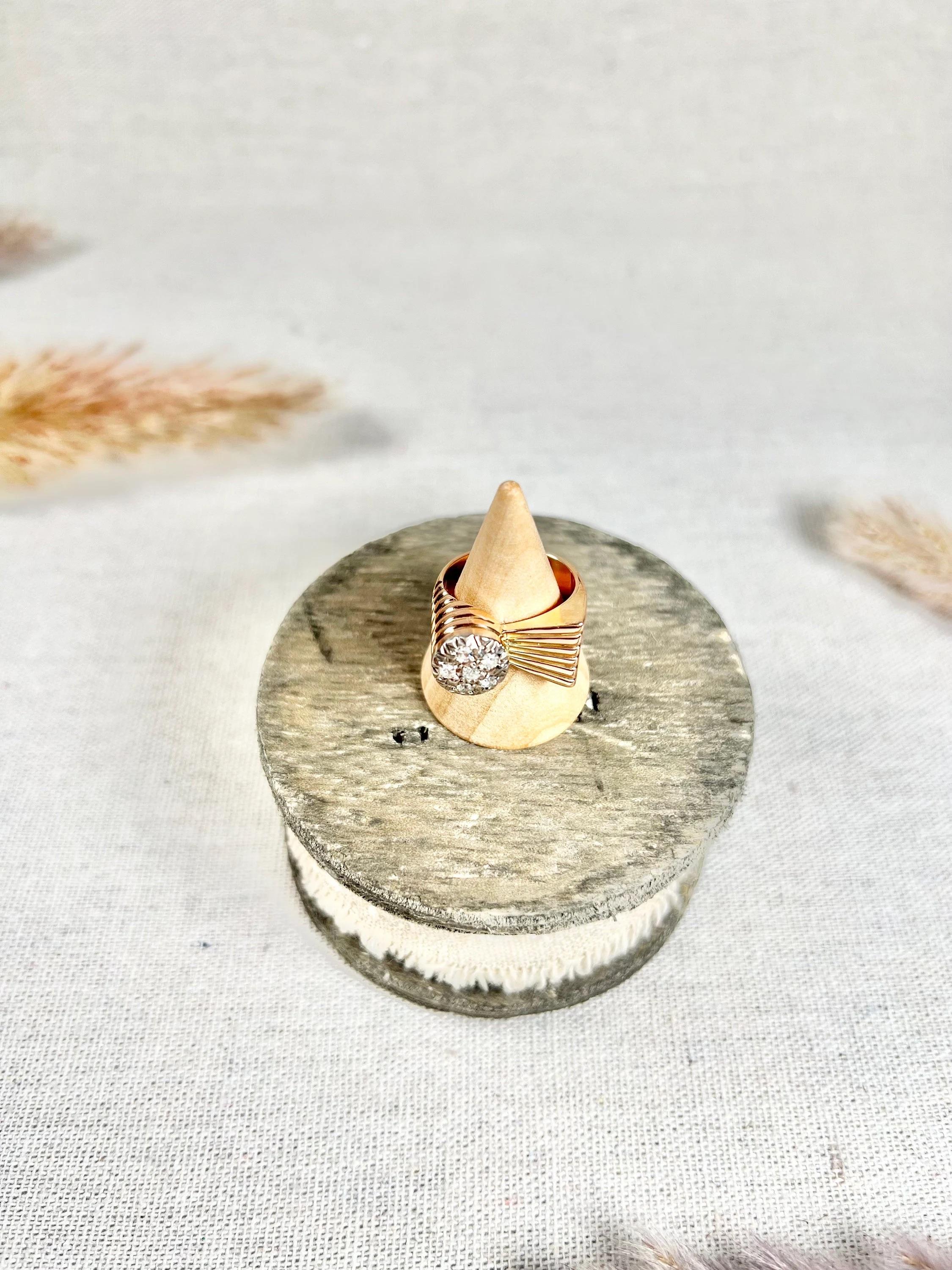 Women's or Men's Vintage 1940s, 18ct Rose Gold Stamped, Diamond Bombe & Fan Cocktail Ring For Sale
