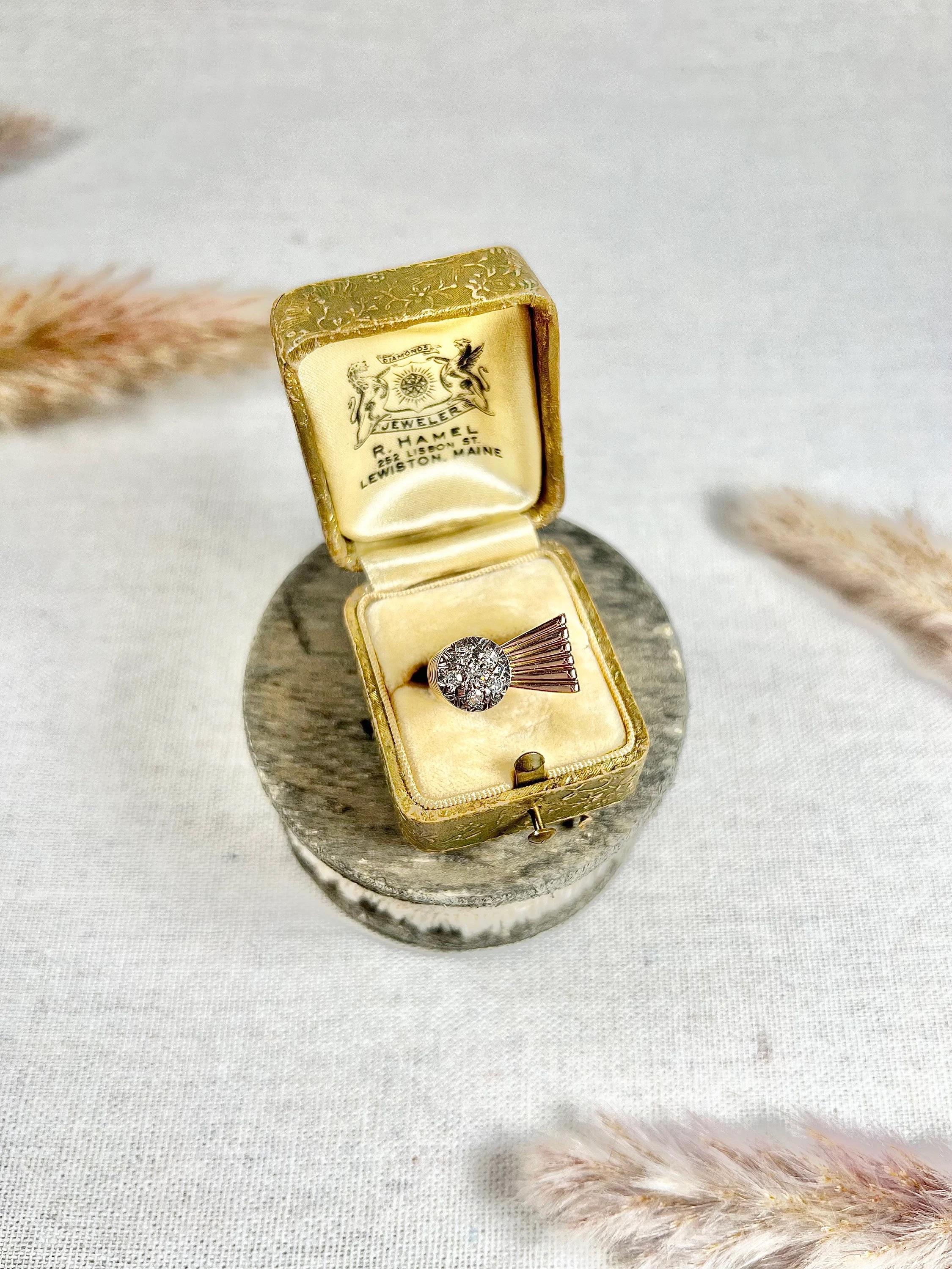 Vintage 1940s, 18ct Rose Gold Stamped, Diamond Bombe & Fan Cocktail Ring For Sale 1