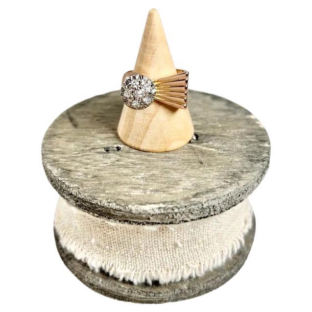 Bague cocktail bombée et éventail vintage des années 1940, estampillée en or rose 18 carats et diamants