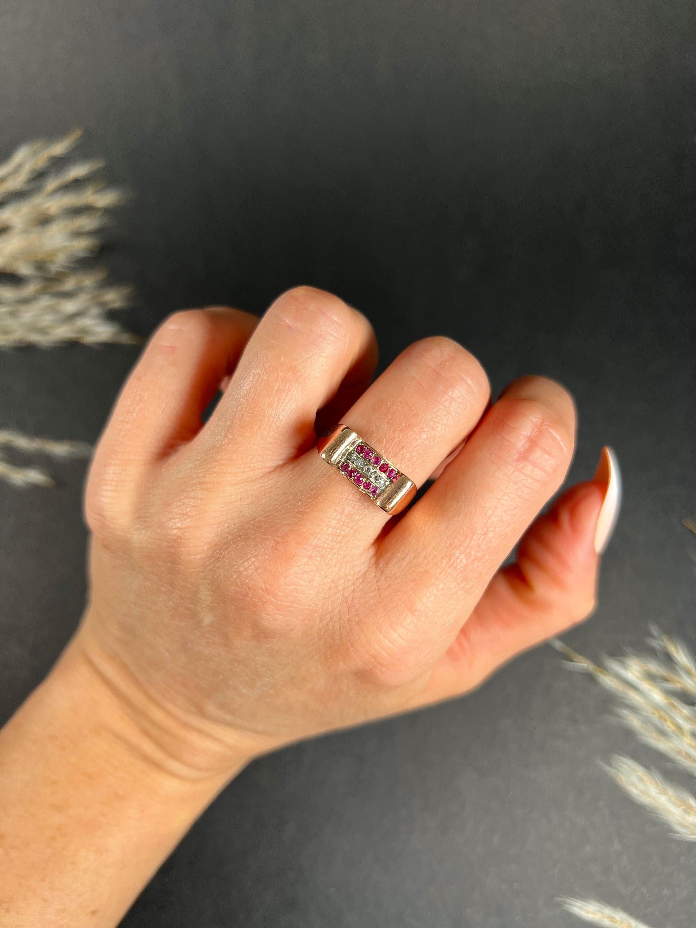 Vintage Cocktail Ring 

18ct Rose Gold Stamped

Circa 1940s

Introducing a stunning vintage 18ct stamped rose gold cocktail ring, adorned with natural rubies and diamonds. The ring features a top and bottom row of bright and beautiful natural