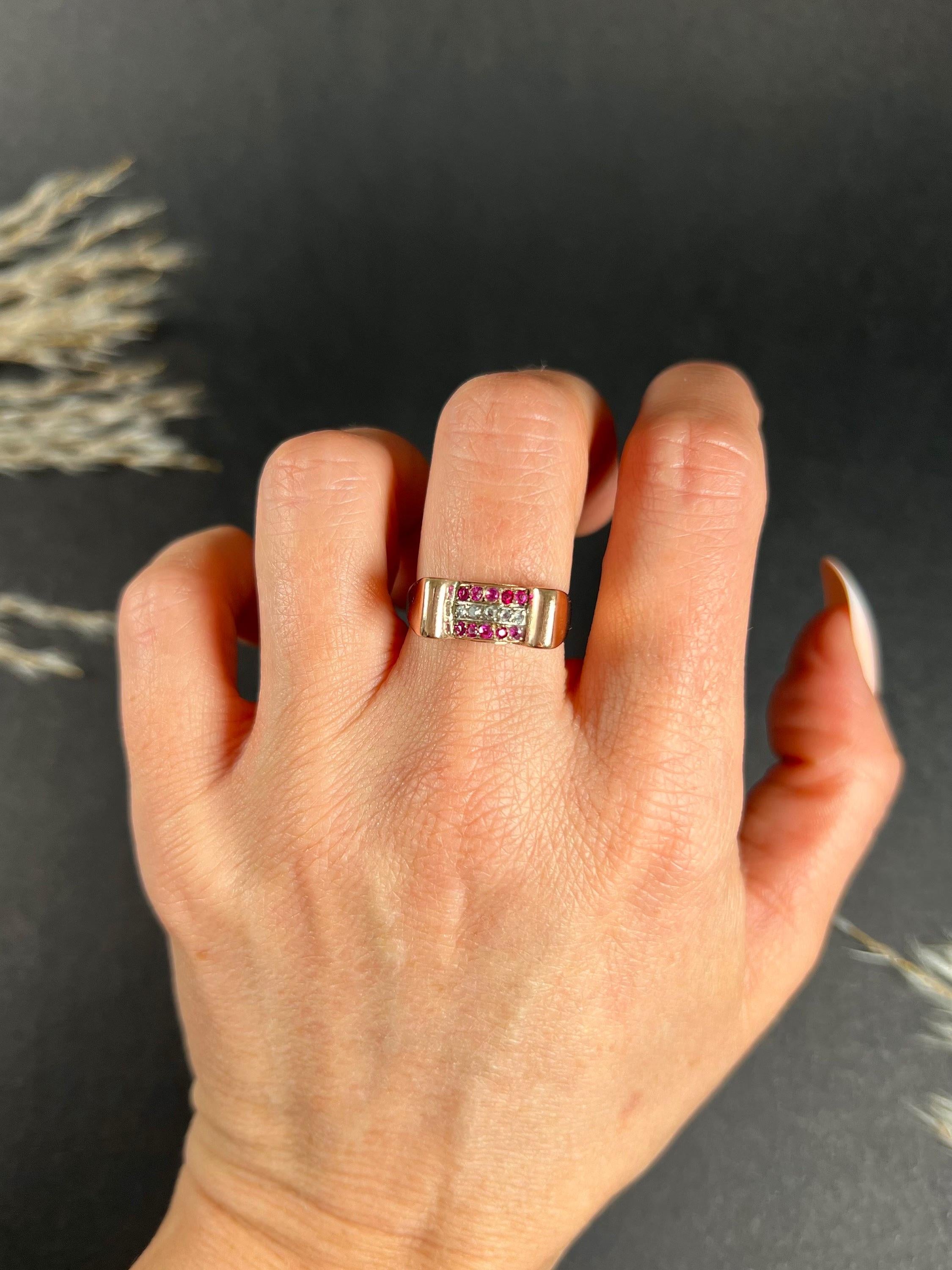 Old European Cut Vintage 1940s, 18ct Rose Gold, Three Row Ruby & Diamond Tank Cocktail Ring For Sale