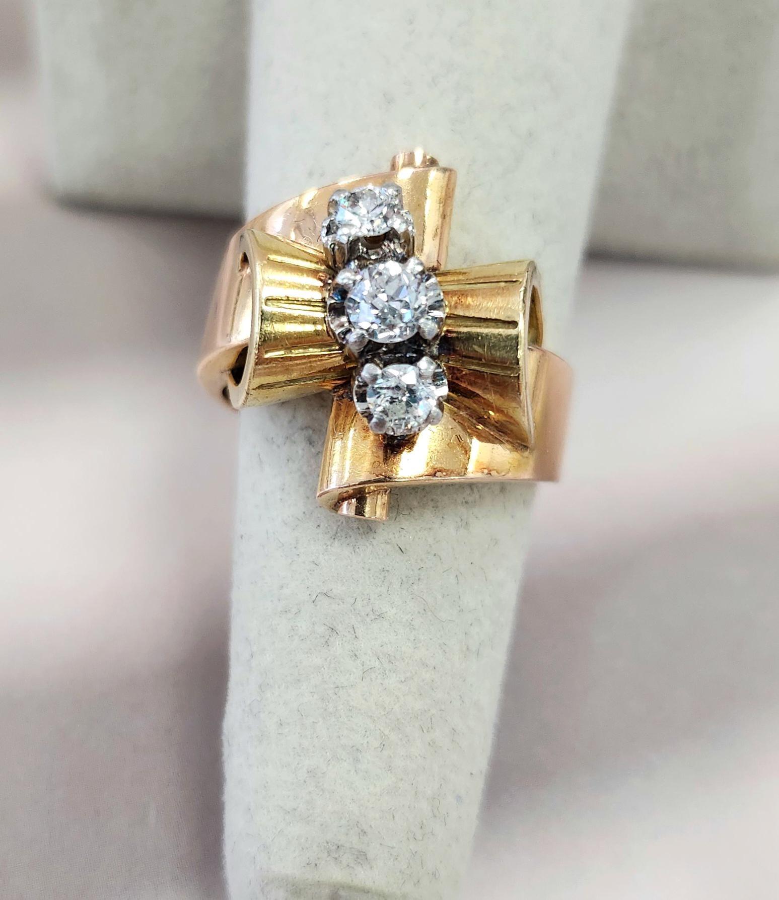 Vintage 1940s 18K Rose Gold Cocktail Ring mit Old European Cut Diamanten im Zustand „Gut“ im Angebot in Los Angeles, CA