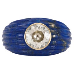 Bague vintage des années 1940, diamant taille vieille mine de 2,40 carats et lapis-lazuli