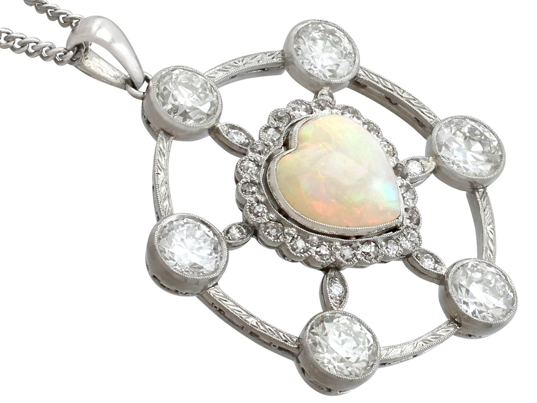 Round Cut Vintage 1940s 2.47 Carat Opal and 5.34 Carat Diamond Platinum Pendant