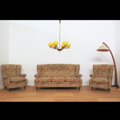 Vintage 1940s-50s Damask Fabric Sofa & Armchairs Set - Timeless Elegance