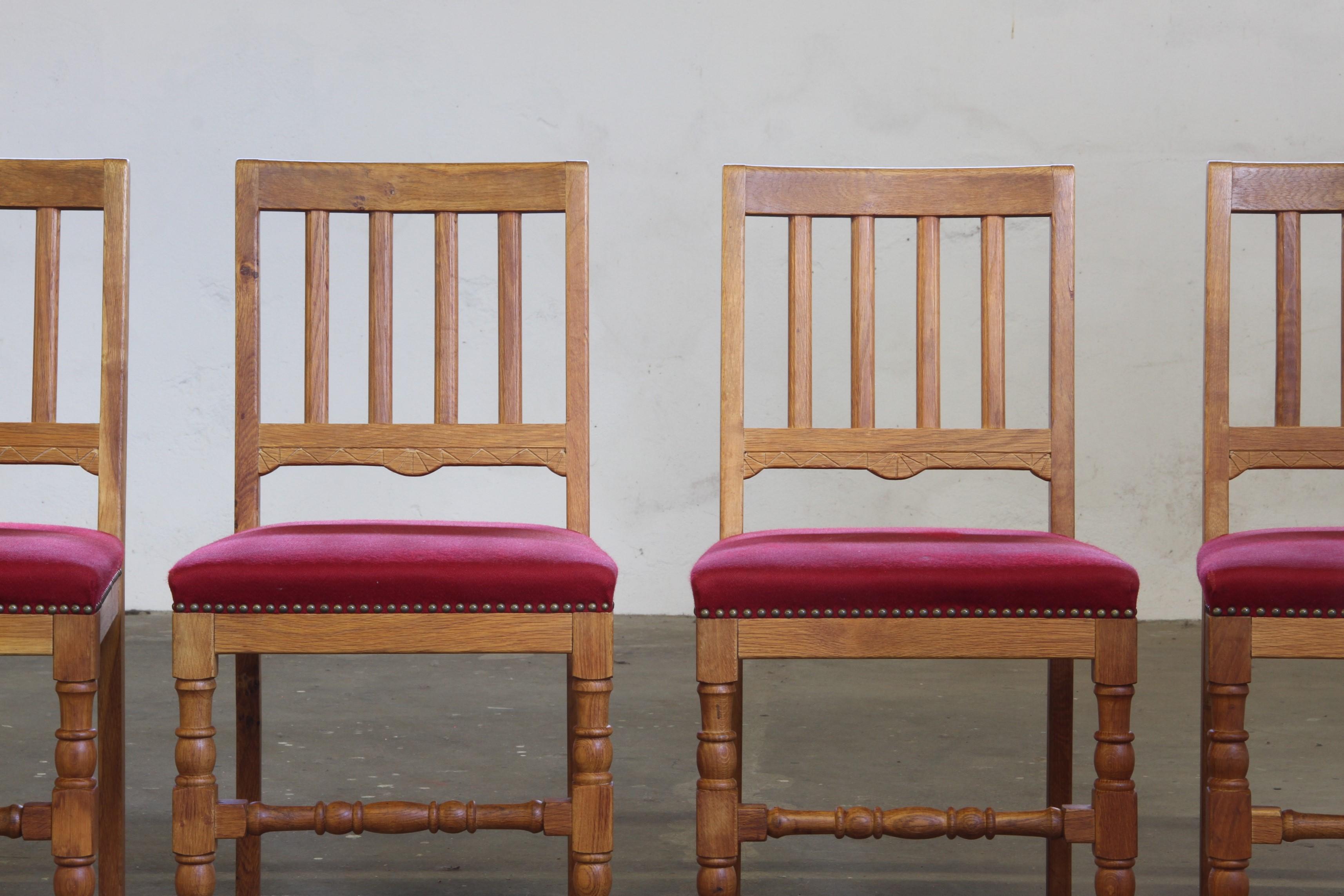 Fabric Vintage 1940s/50s Solid Oak Danish Farmhouse Chairs, Baroque style set of 4 For Sale