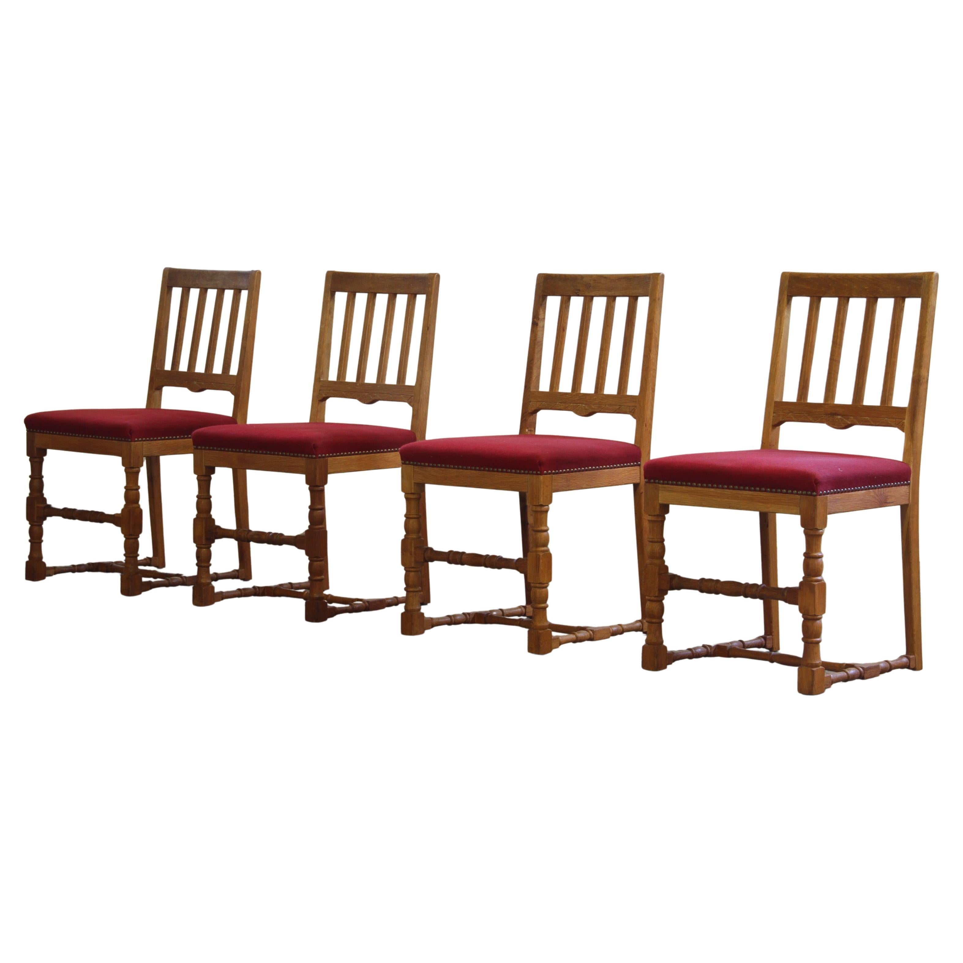 Vintage 1940s/50s Solid Oak Danish Farmhouse Chairs, Baroque style set of 4 For Sale
