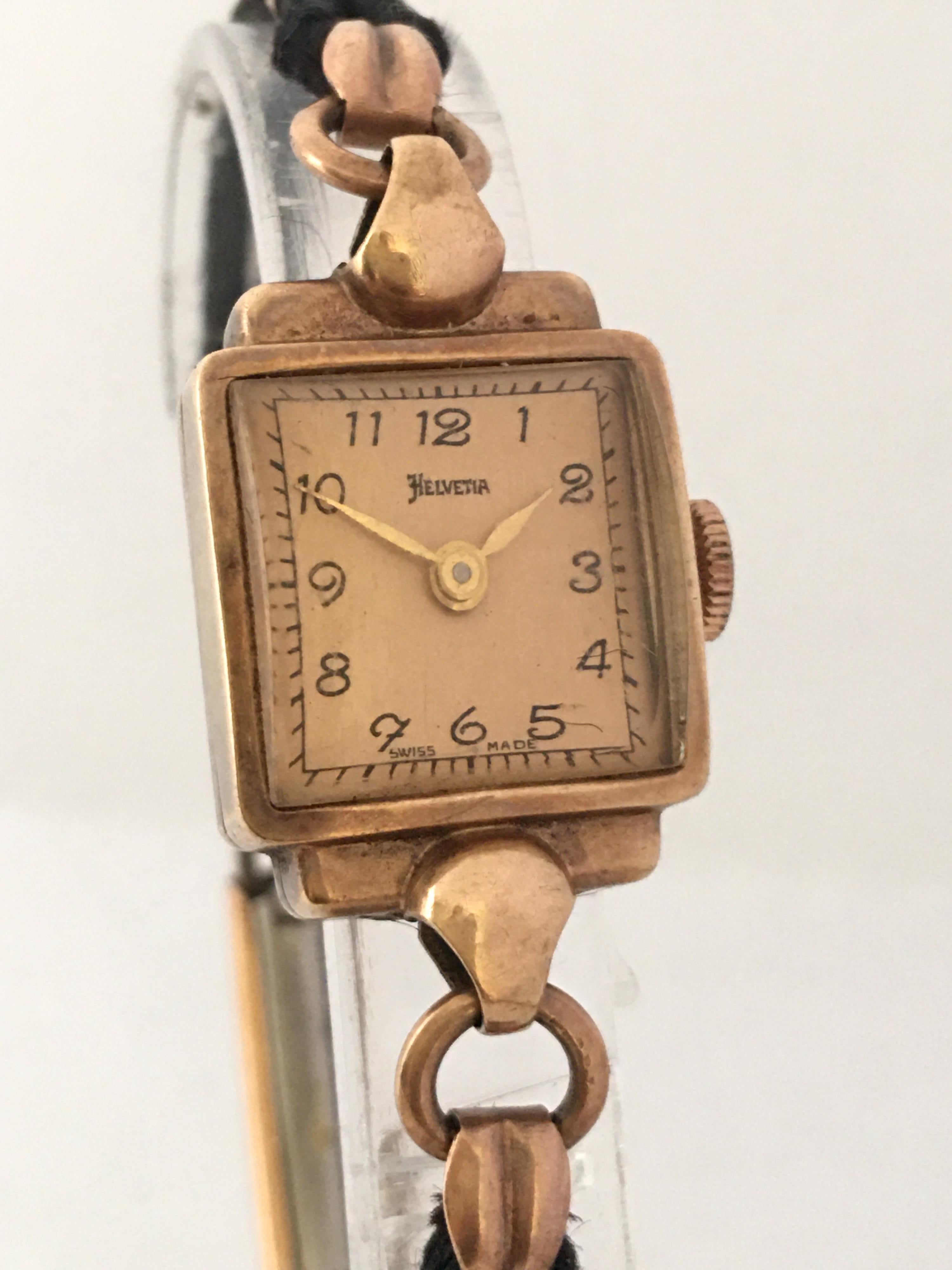 Vintage 1940s 9 Karat Gold Helvetia Square Ladies Mechanical Watch For Sale 9