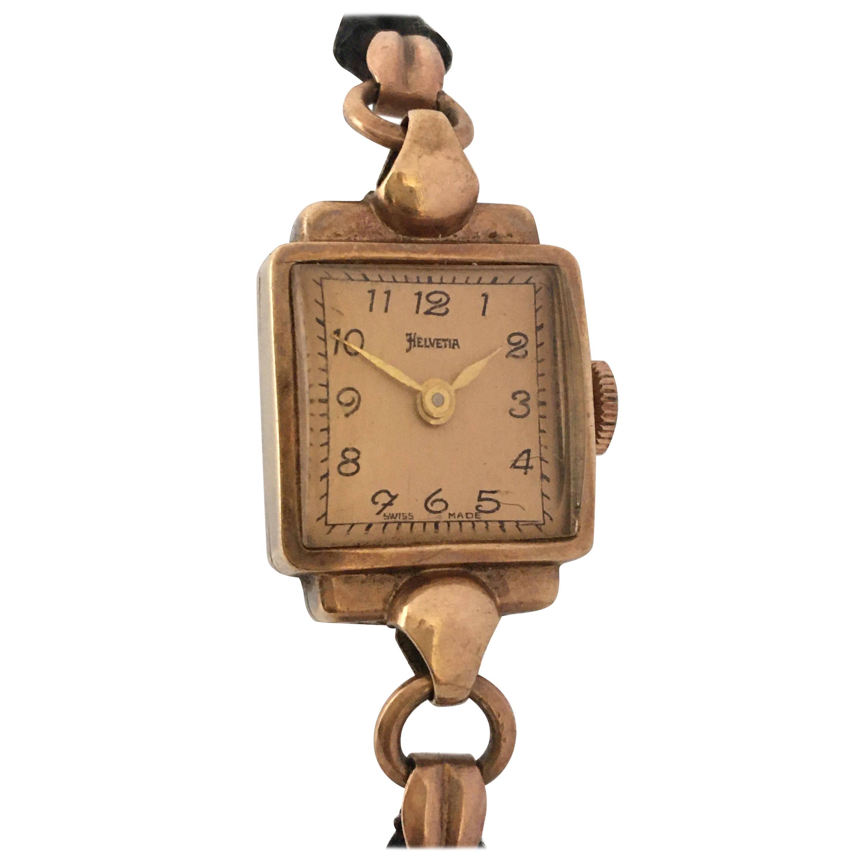 Vintage 1940s 9 Karat Gold Helvetia Square Ladies Mechanical Watch For Sale