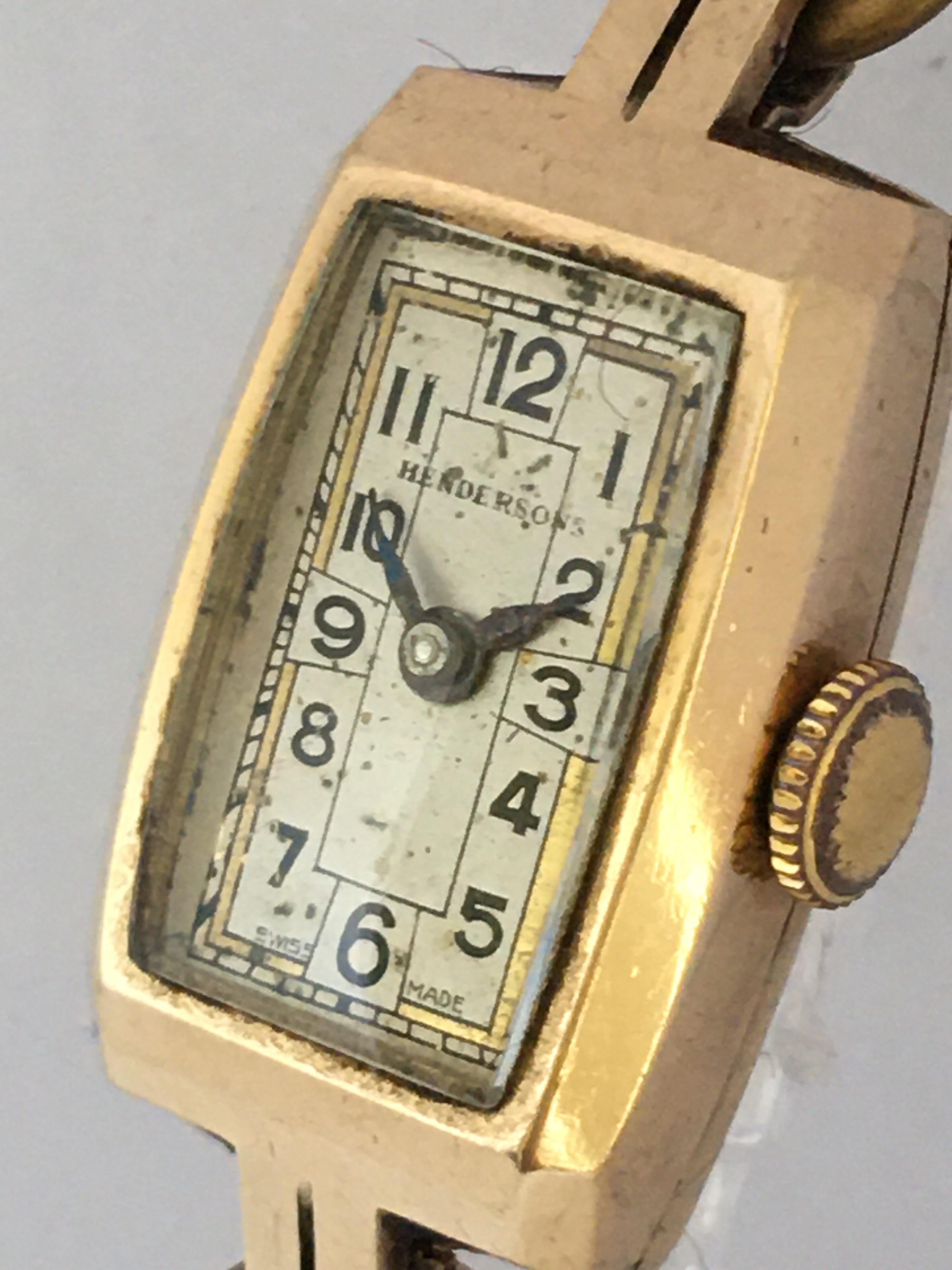 This beautiful vintage pre-owned hand winding ladies gold watch is working and it is ticking and running well. Some deterioration on the silvered dial as shown. Light and tiny scratches on the gold watch case. The old mulled wine colour strap is a