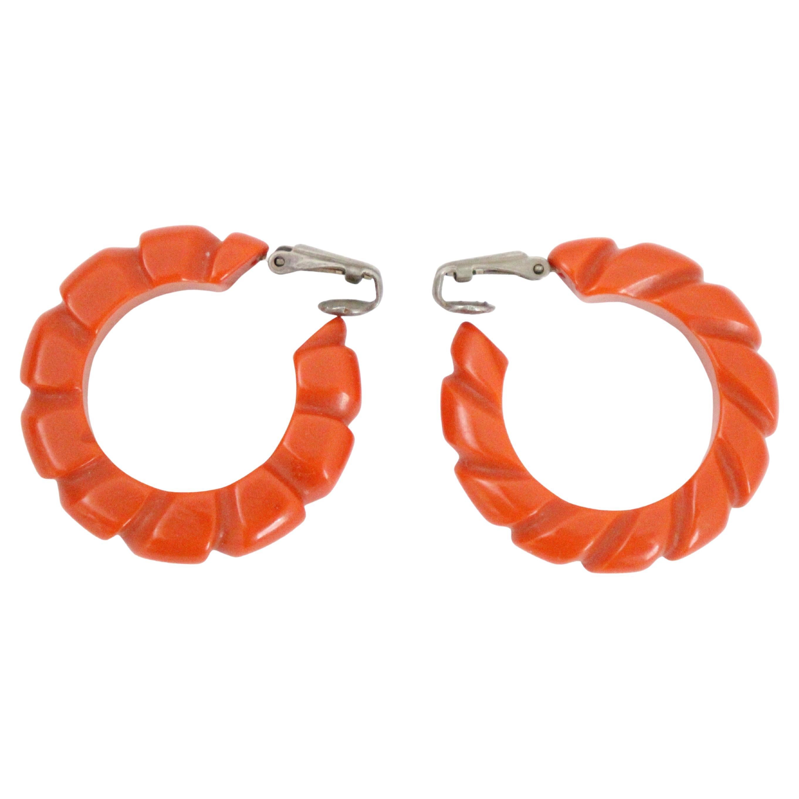 Vintage 1940's amber bakelite hoops 1940's bakelite hoop clip on earrings en vente
