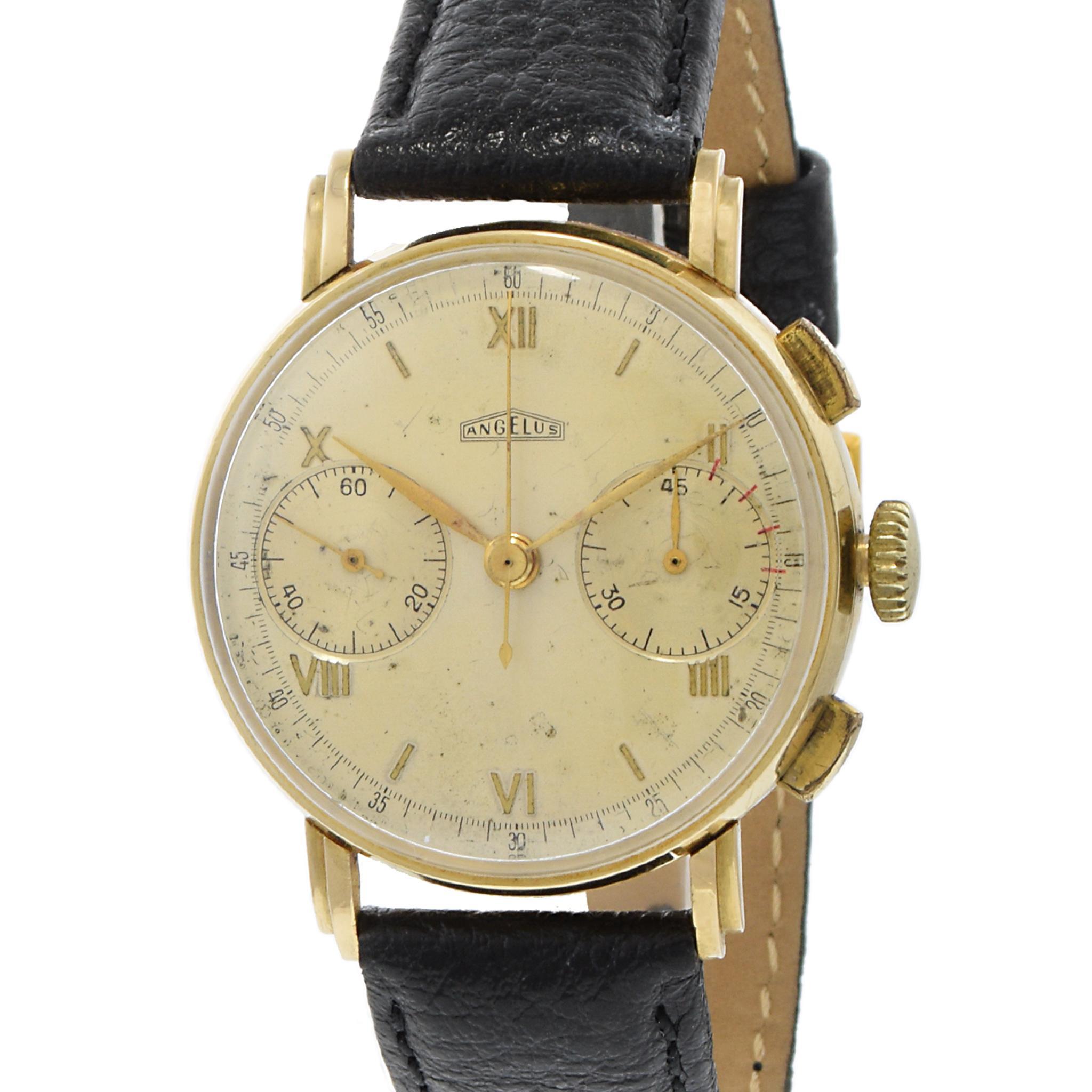 Vintage 1940s Angelus Watch Co. Swiss Chronograph 18K Yellow Gold In Good Condition For Sale In New York, NY