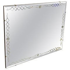 Vintage 1940s Art Deco Lattice and Floral Etched Rectangular Wall Mirror