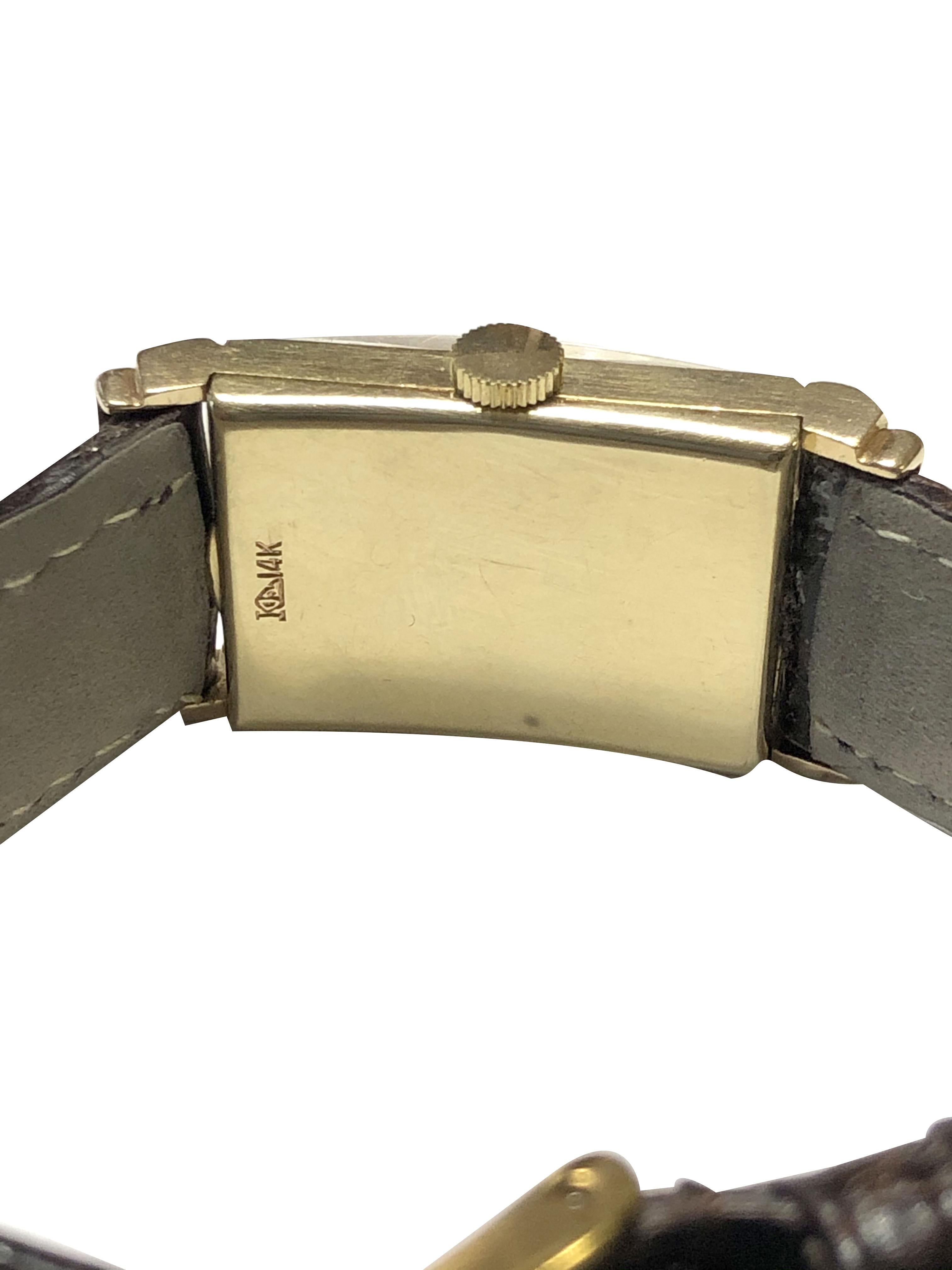 Vintage 1940s Art Deco LeCoultre Yellow Gold Mechanical Wristwatch In Excellent Condition In Chicago, IL