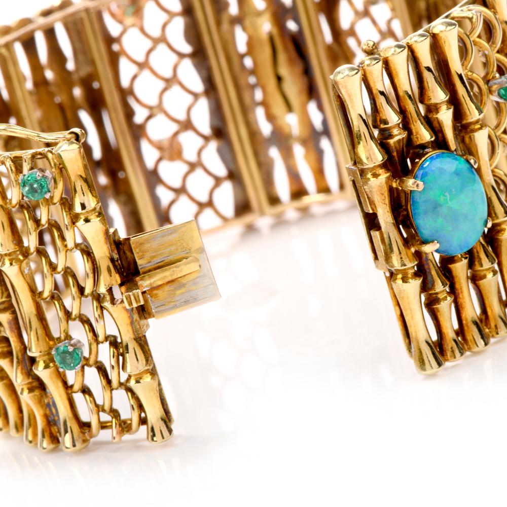 Cabochon Vintage 1940's Art Nouveau Design  Opal Emerald Gold Bangle Bracelet