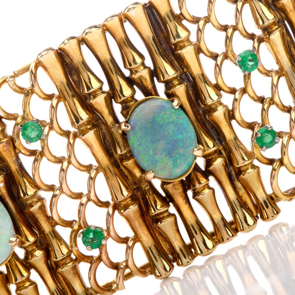 Vintage 1940's Art Nouveau Design  Opal Emerald Gold Bangle Bracelet In Excellent Condition In Miami, FL