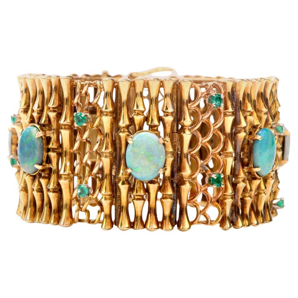 Vintage 1940's Art Nouveau Design  Opal Emerald Gold Bangle Bracelet