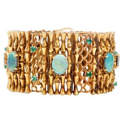 Vintage 1940's Art Nouveau Design  Opal Emerald Gold Bangle Bracelet