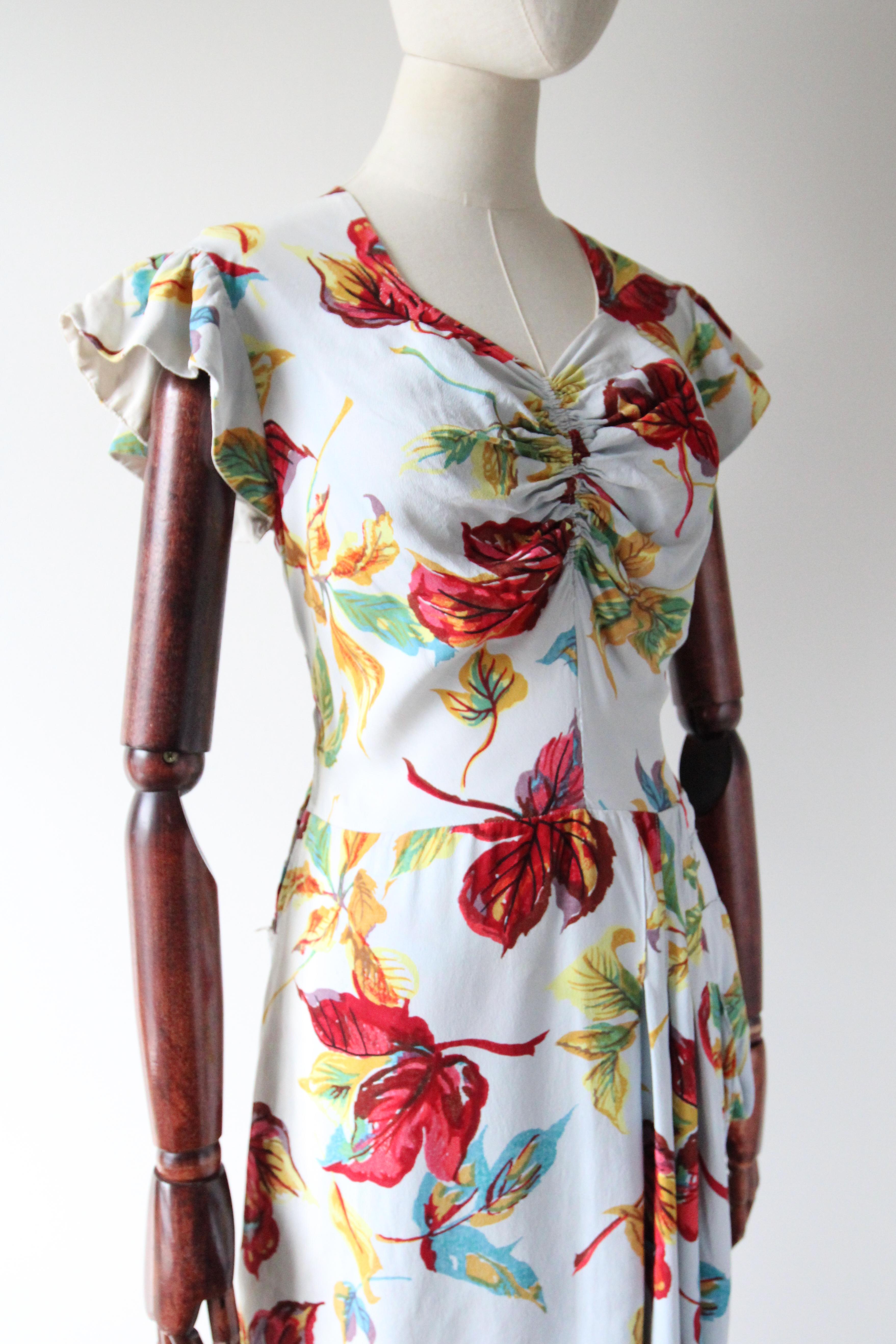 Women's Vintage 1940's Autumn Leaf Print Crepe Silk Dress 1940's Silk Dress UK 12 US 8