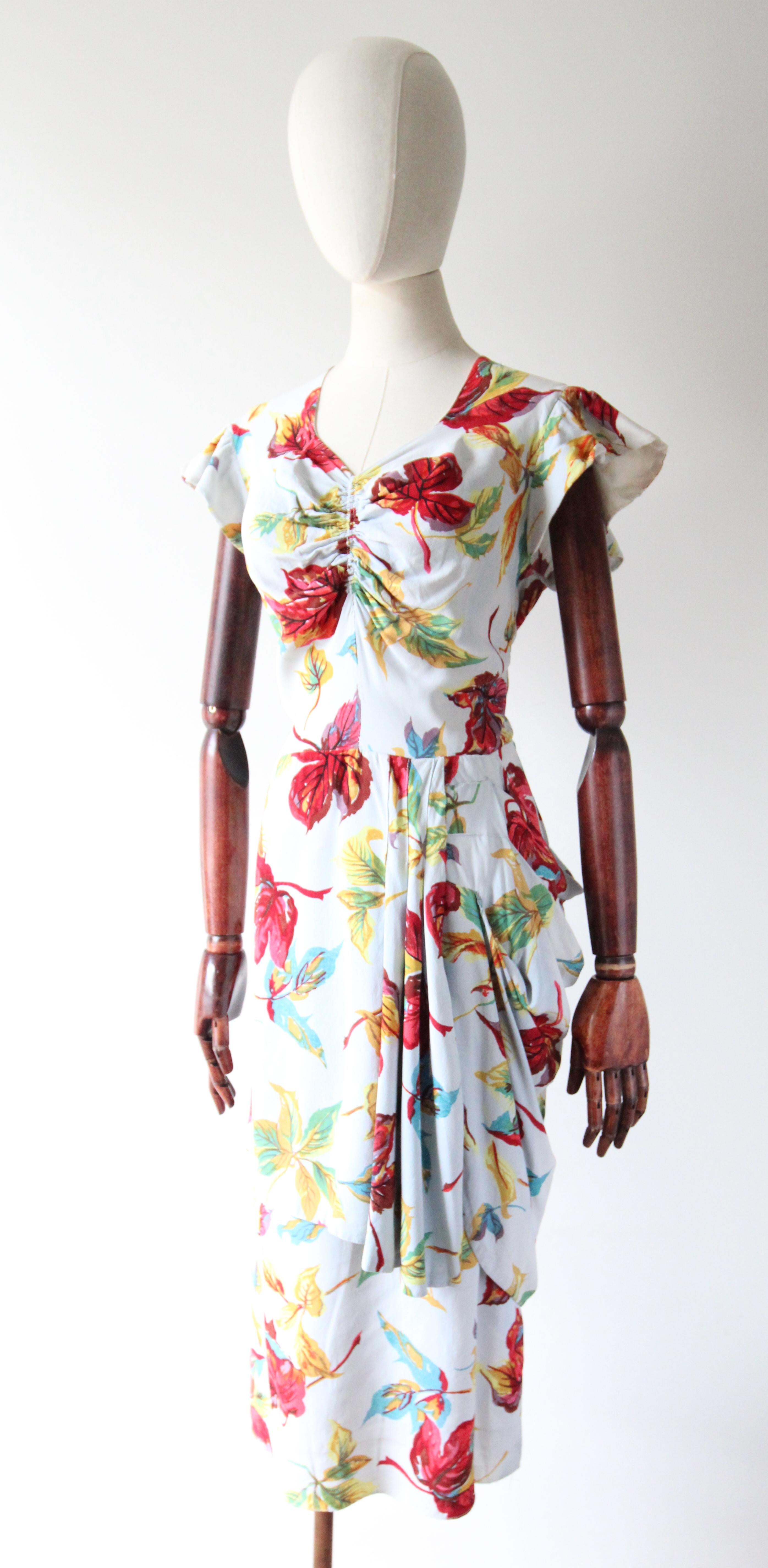 Vintage 1940's Autumn Leaf Print Crepe Silk Dress 1940's Silk Dress UK 12 US 8 1