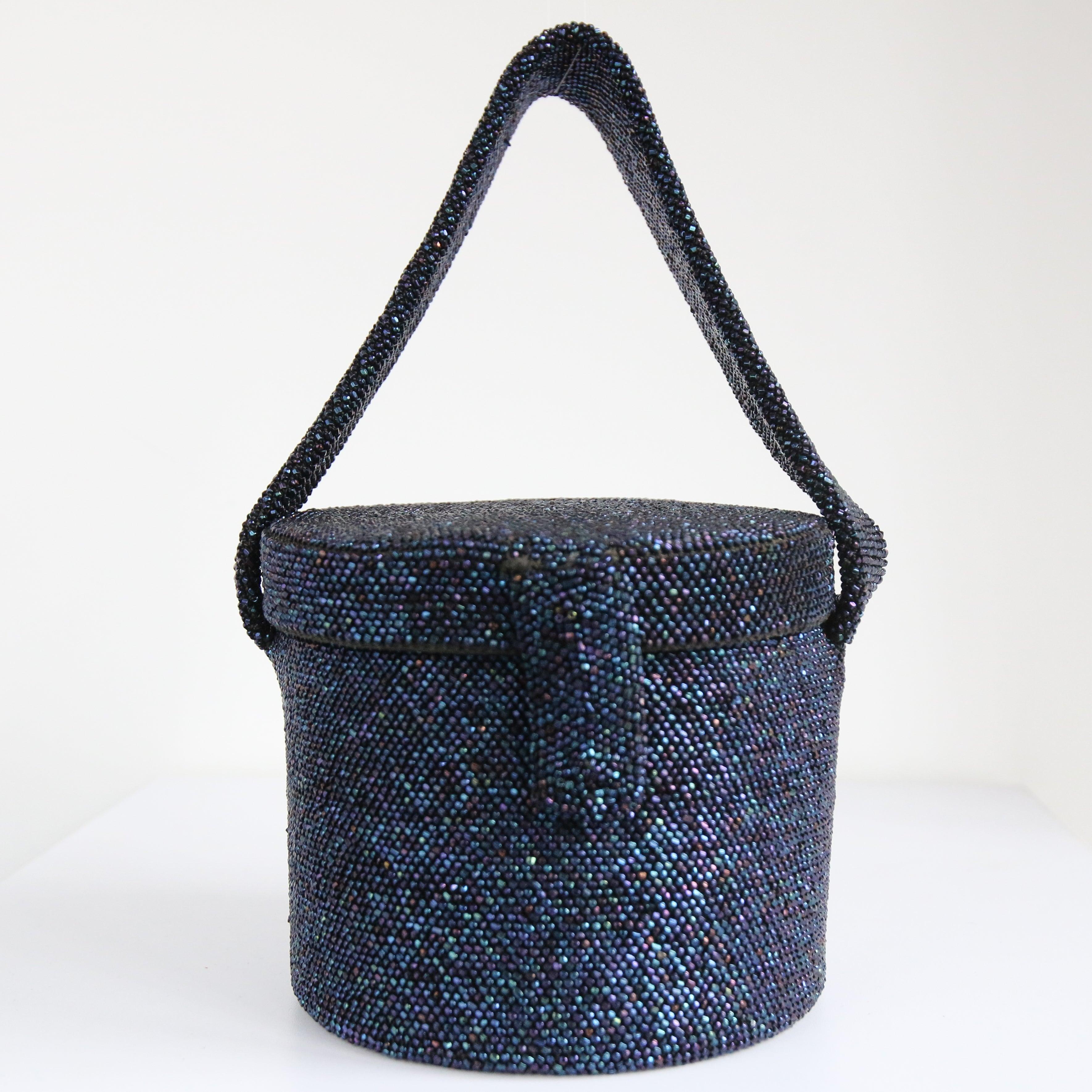 Black Vintage 1940's Beaded Box Bag Wristlet Handbag Evening Bag 1940s iridescent bag