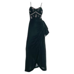 Vintage 1940s Beaded Deep Green Velvet Evening Dress W Ruching & Hip Swag