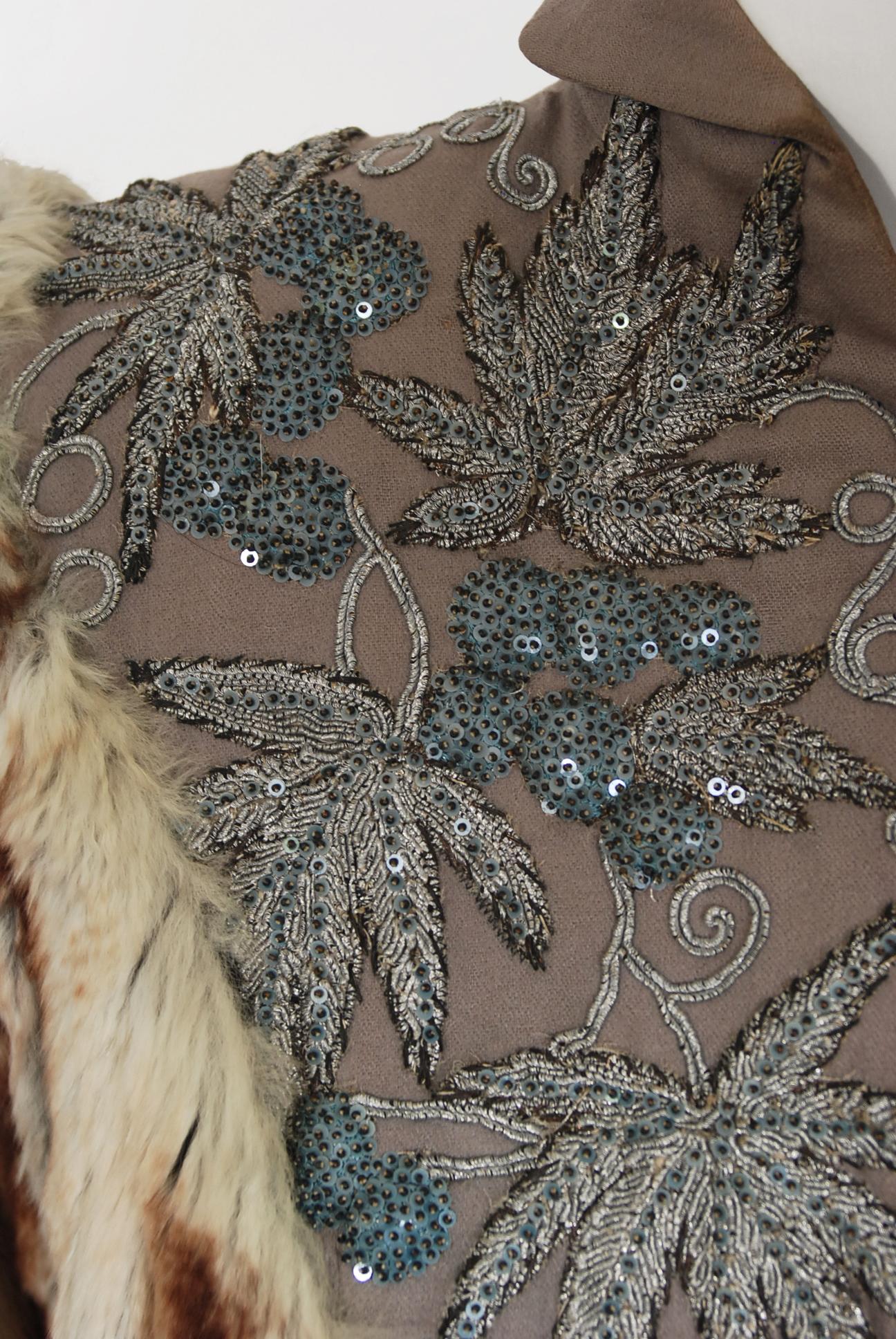 Brown Vintage 1940's Beaded Embroidered Novelty Gabardine Chinchilla-Fur Couture Coat
